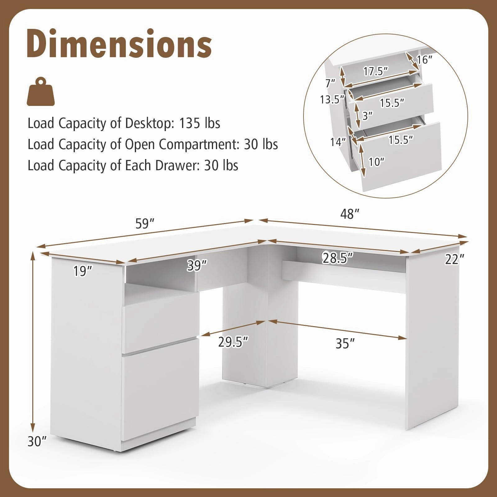Giantex L Shaped Computer Desk with Drawers, 59" Corner Desk Workstation with Storage Shelf & Cable Holes