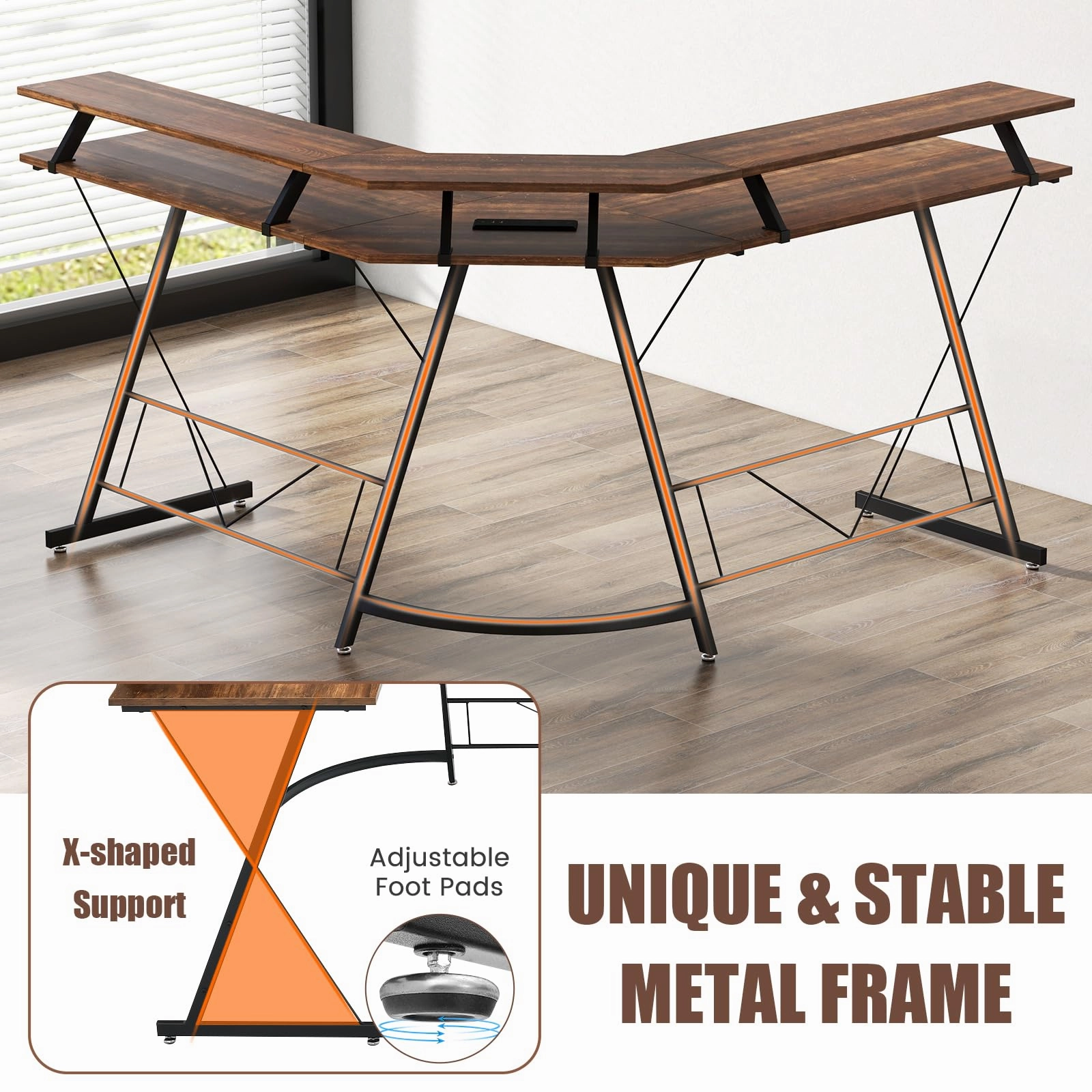 Giantex L Shaped Computer Desk with Power Outlet, 51" Corner Computer Desk with Monitor Stand and Reversible Keyboard Tray