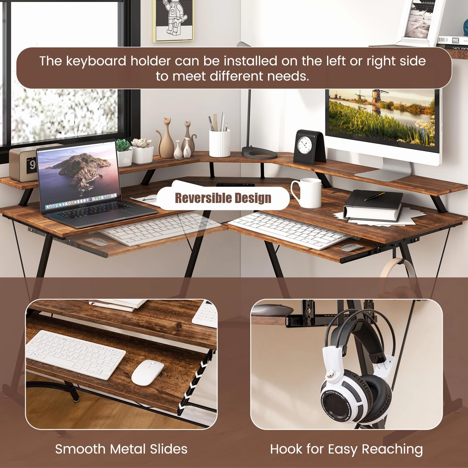 Giantex L Shaped Computer Desk with Power Outlet, 51" Corner Computer Desk with Monitor Stand and Reversible Keyboard Tray