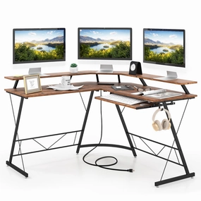 Giantex L Shaped Computer Desk with Power Outlet, 51" Corner Computer Desk with Monitor Stand and Reversible Keyboard Tray patio decor, garden accessories