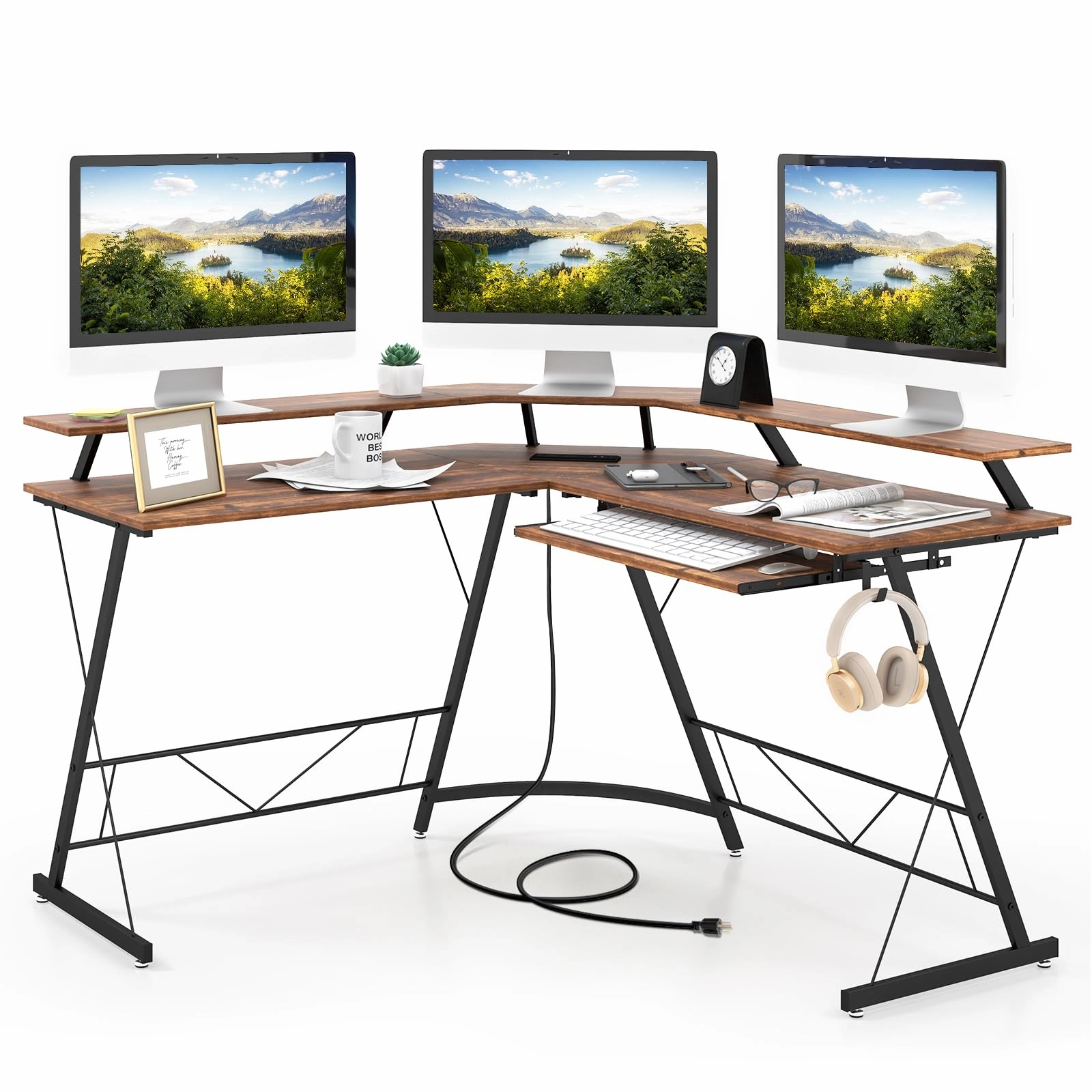 Giantex L Shaped Computer Desk with Power Outlet, 51" Corner Computer Desk with Monitor Stand and Reversible Keyboard Tray patio decor, garden accessories