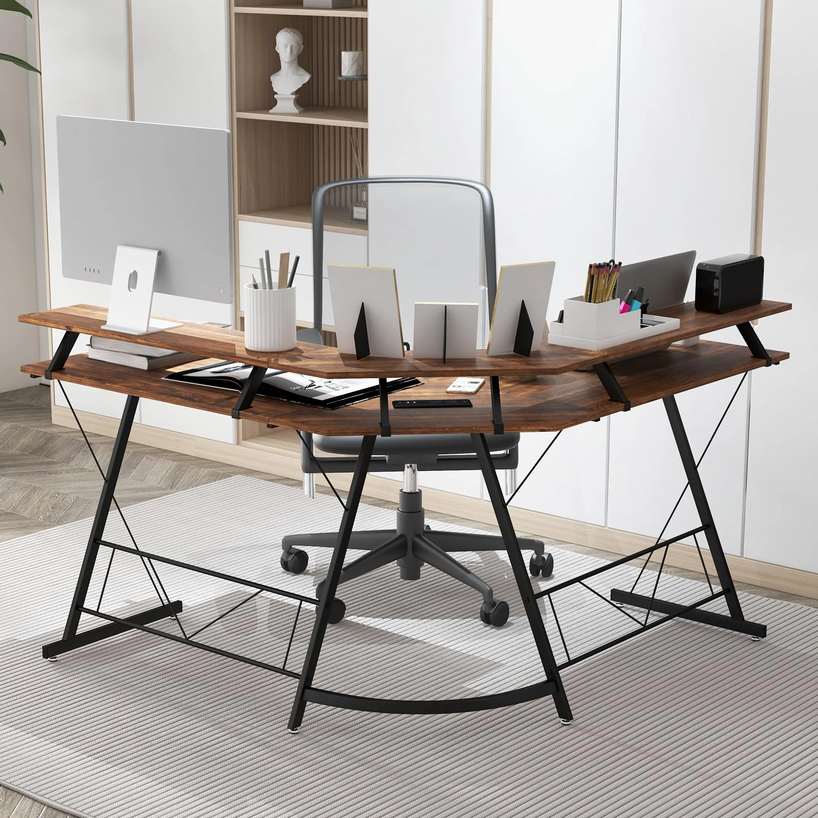 Giantex L Shaped Computer Desk with Power Outlet, 51" Corner Computer Desk with Monitor Stand and Reversible Keyboard Tray