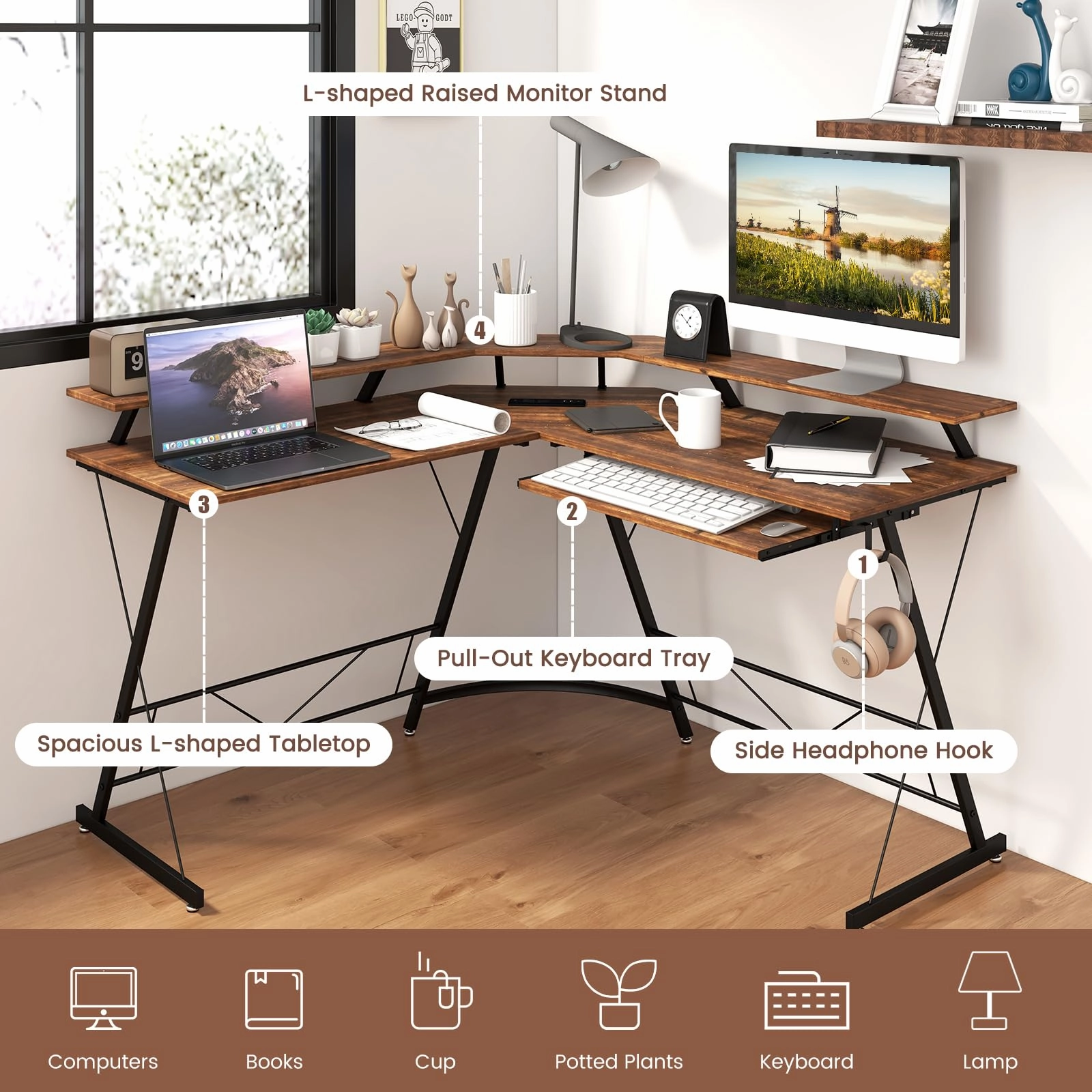 Giantex L Shaped Computer Desk with Power Outlet, 51" Corner Computer Desk with Monitor Stand and Reversible Keyboard Tray