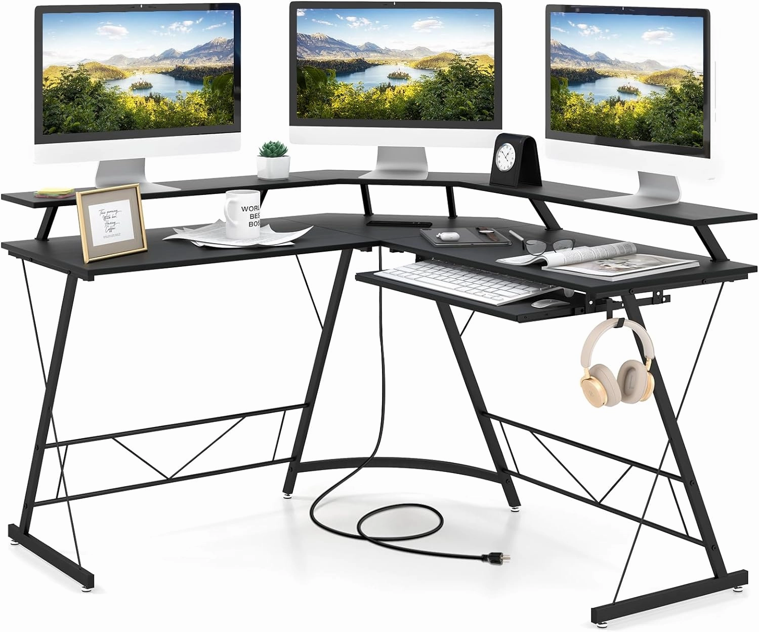 Giantex L Shaped Computer Desk with Power Outlet, 51" Corner Computer Desk with Monitor Stand and Reversible Keyboard Tray