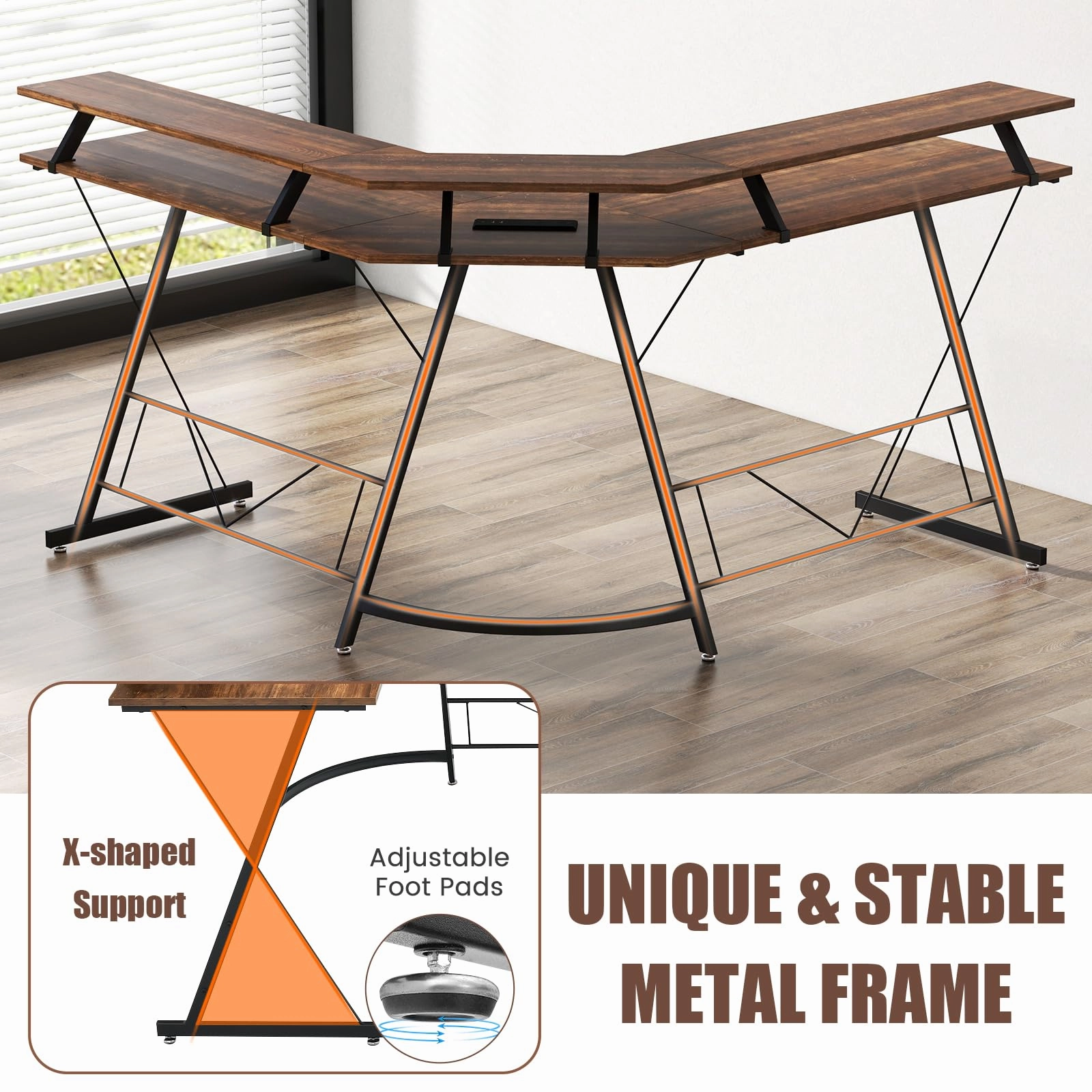 Giantex L Shaped Computer Desk with Power Outlet, 51" Corner Computer Desk with Monitor Stand and Reversible Keyboard Tray