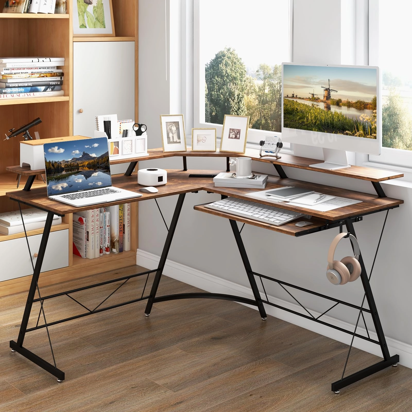Giantex L Shaped Computer Desk with Power Outlet, 51" Corner Computer Desk with Monitor Stand and Reversible Keyboard Tray
