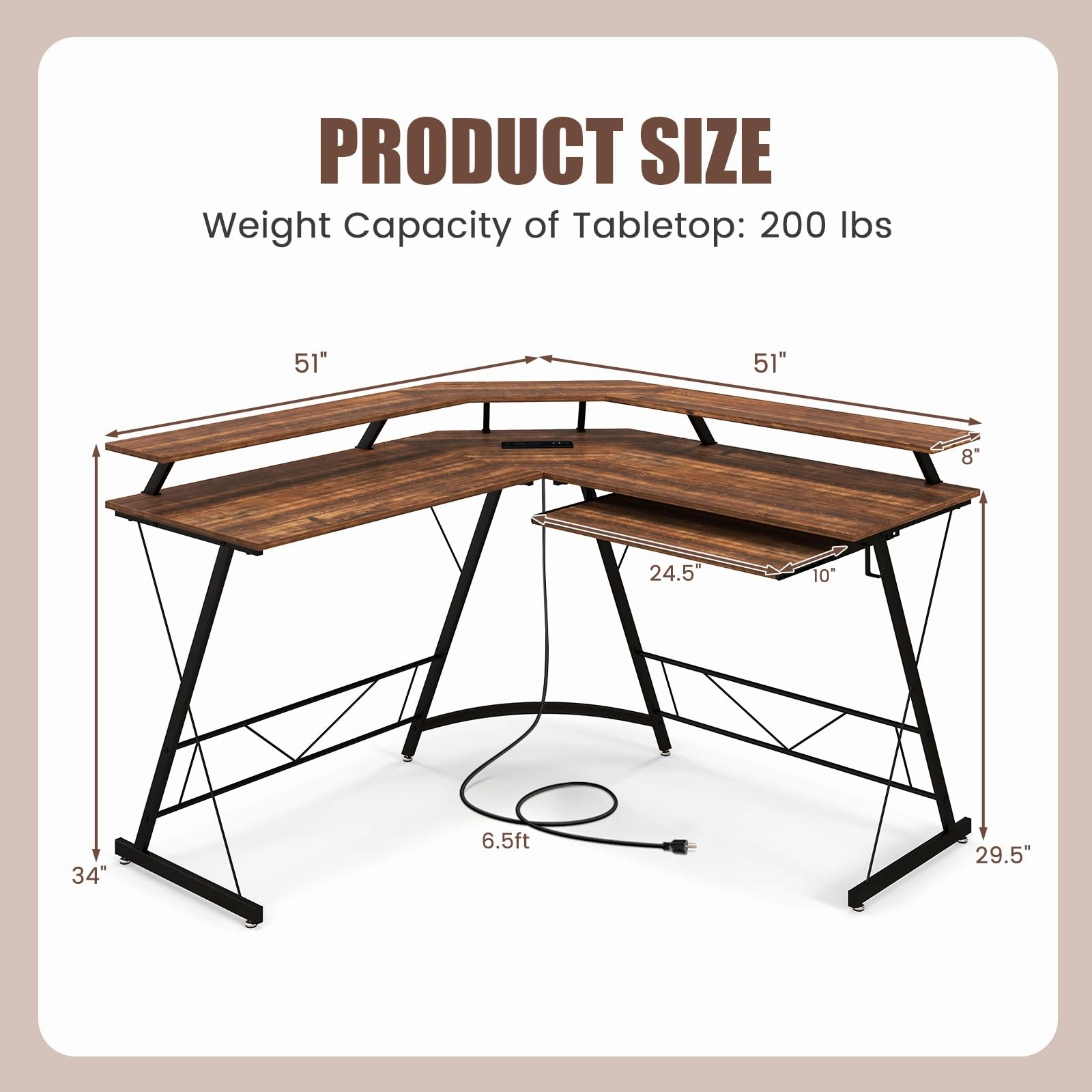 Giantex L Shaped Computer Desk with Power Outlet, 51" Corner Computer Desk with Monitor Stand and Reversible Keyboard Tray