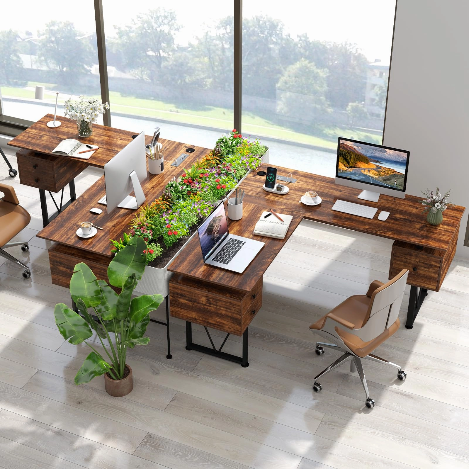 Giantex L Shaped Desk with Drawers, 59 Large Computer Desk with Power Outlet
