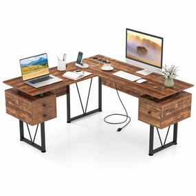 Giantex L Shaped Desk with Drawers, 59 Large Computer Desk with Power Outlet patio decor, garden accessories