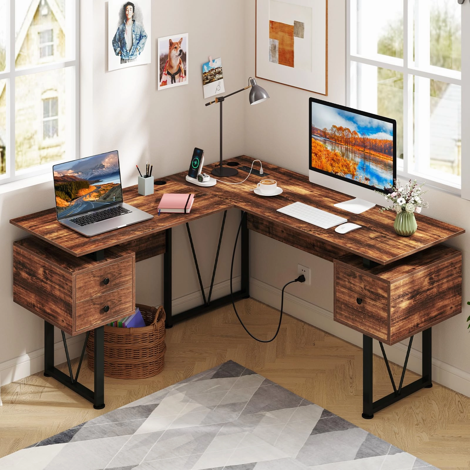 Giantex L Shaped Desk with Drawers, 59 Large Computer Desk with Power Outlet