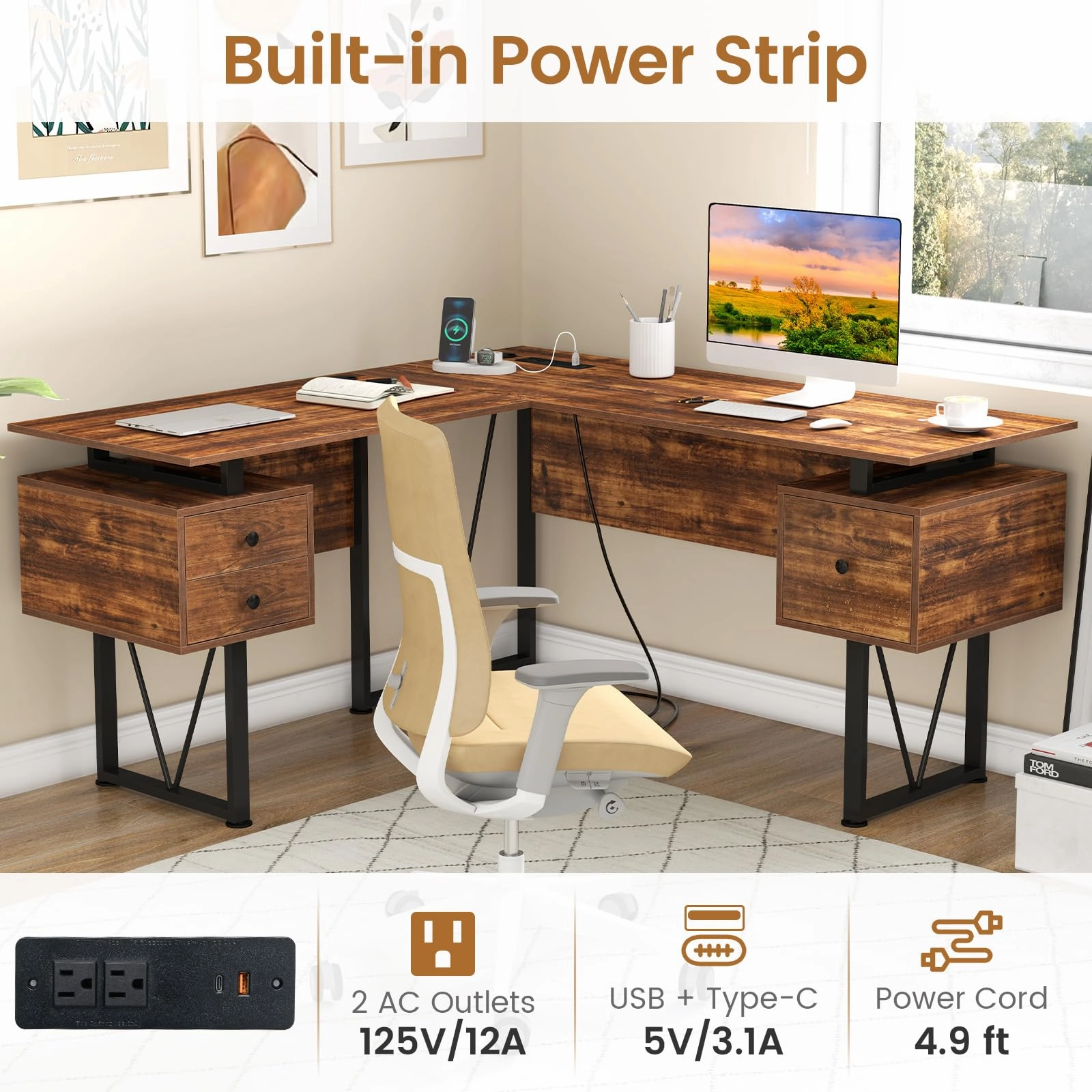 Giantex L Shaped Desk with Drawers, 59 Large Computer Desk with Power Outlet