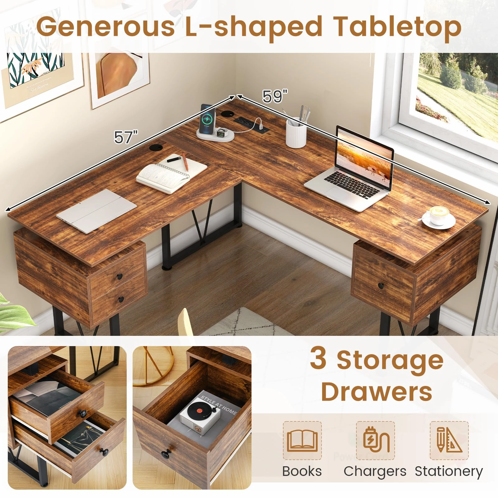 Giantex L Shaped Desk with Drawers, 59 Large Computer Desk with Power Outlet