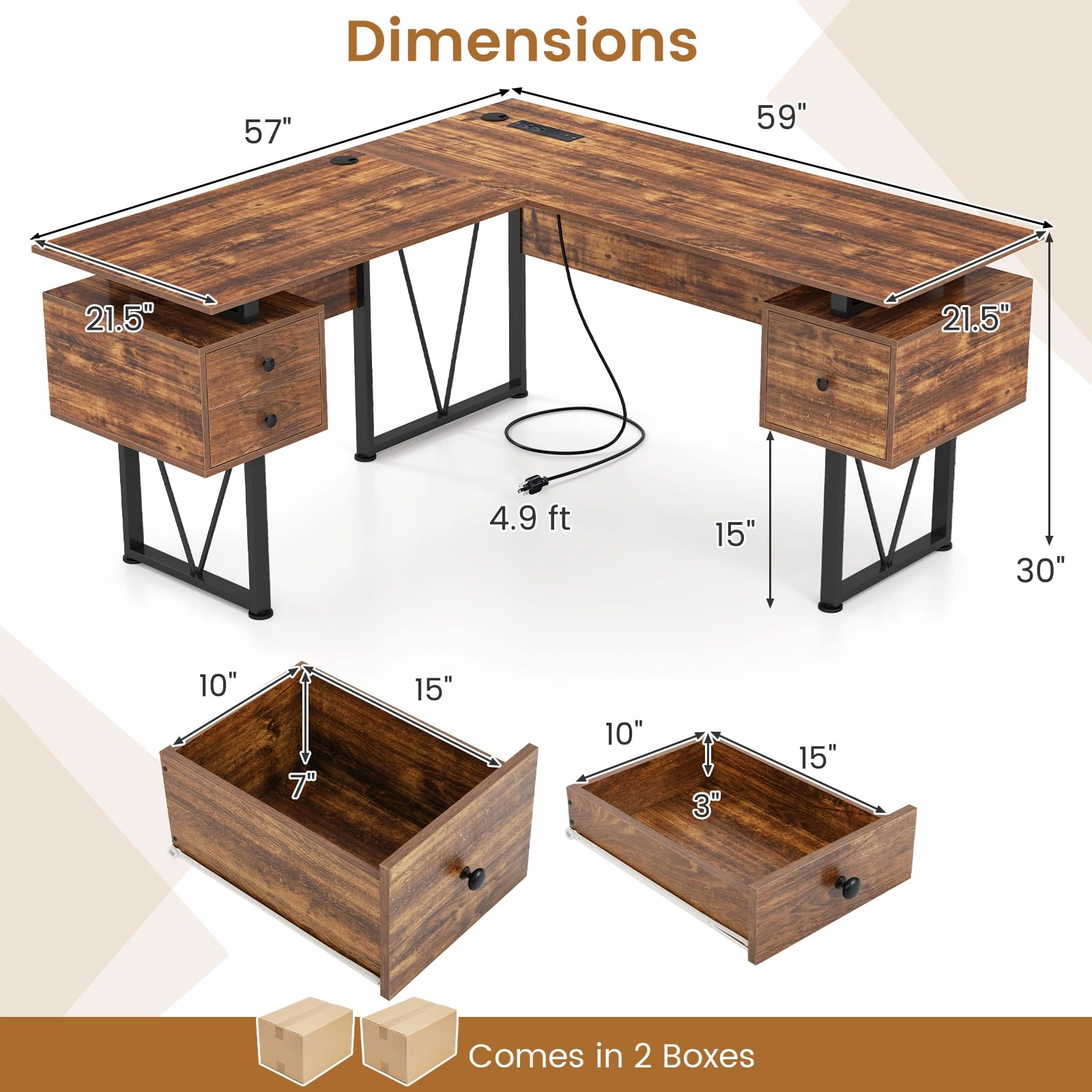 Giantex L Shaped Desk with Drawers, 59 Large Computer Desk with Power Outlet