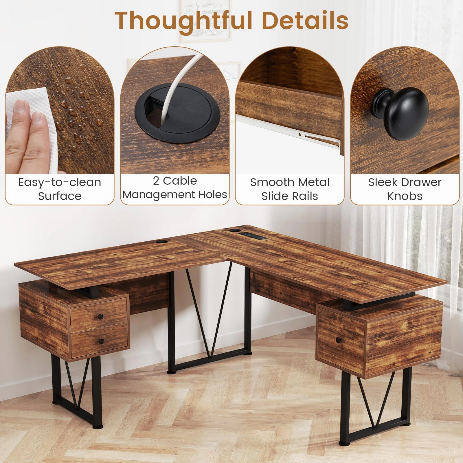 Giantex L Shaped Desk with Drawers, 59 Large Computer Desk with Power Outlet