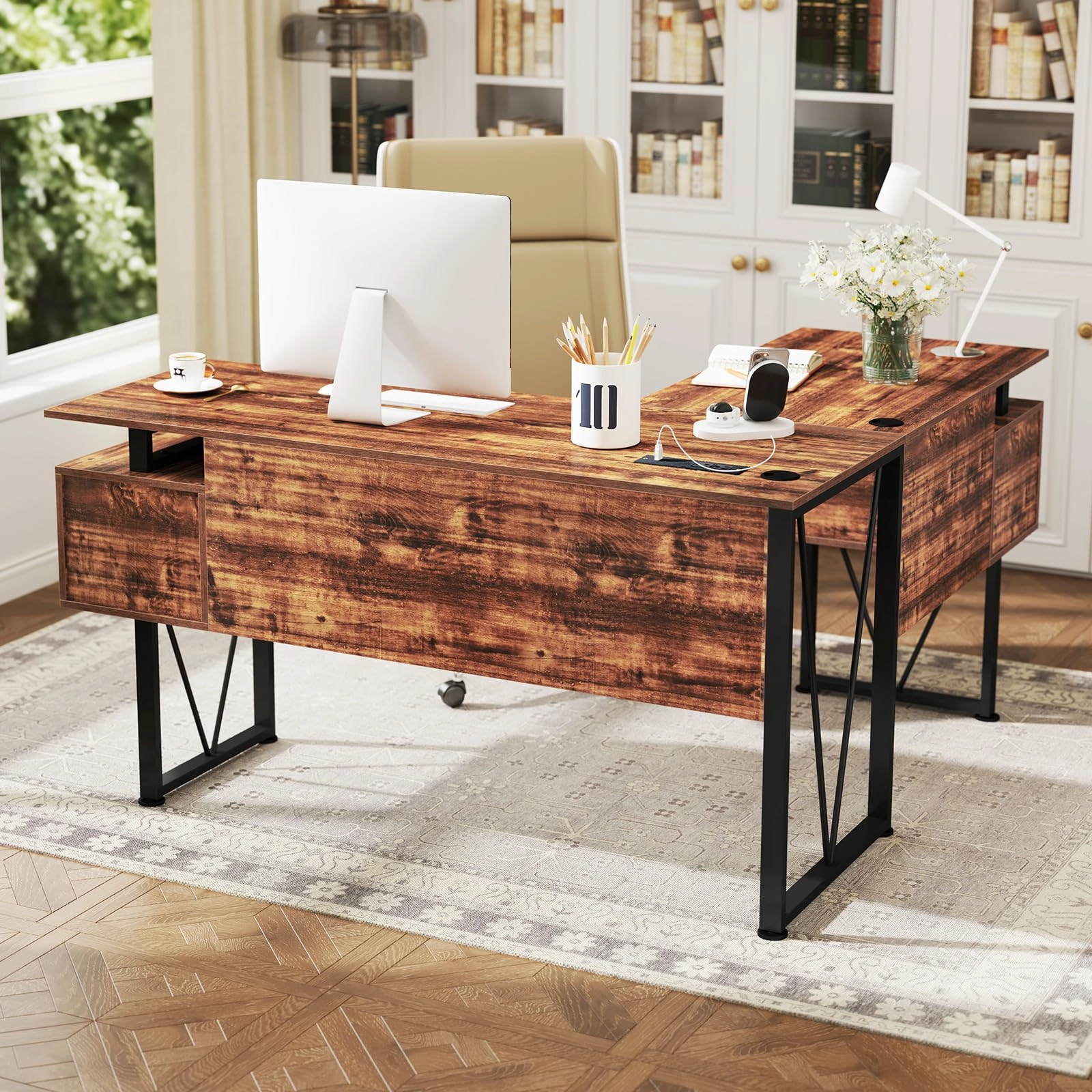 Giantex L Shaped Desk with Drawers, 59 Large Computer Desk with Power Outlet