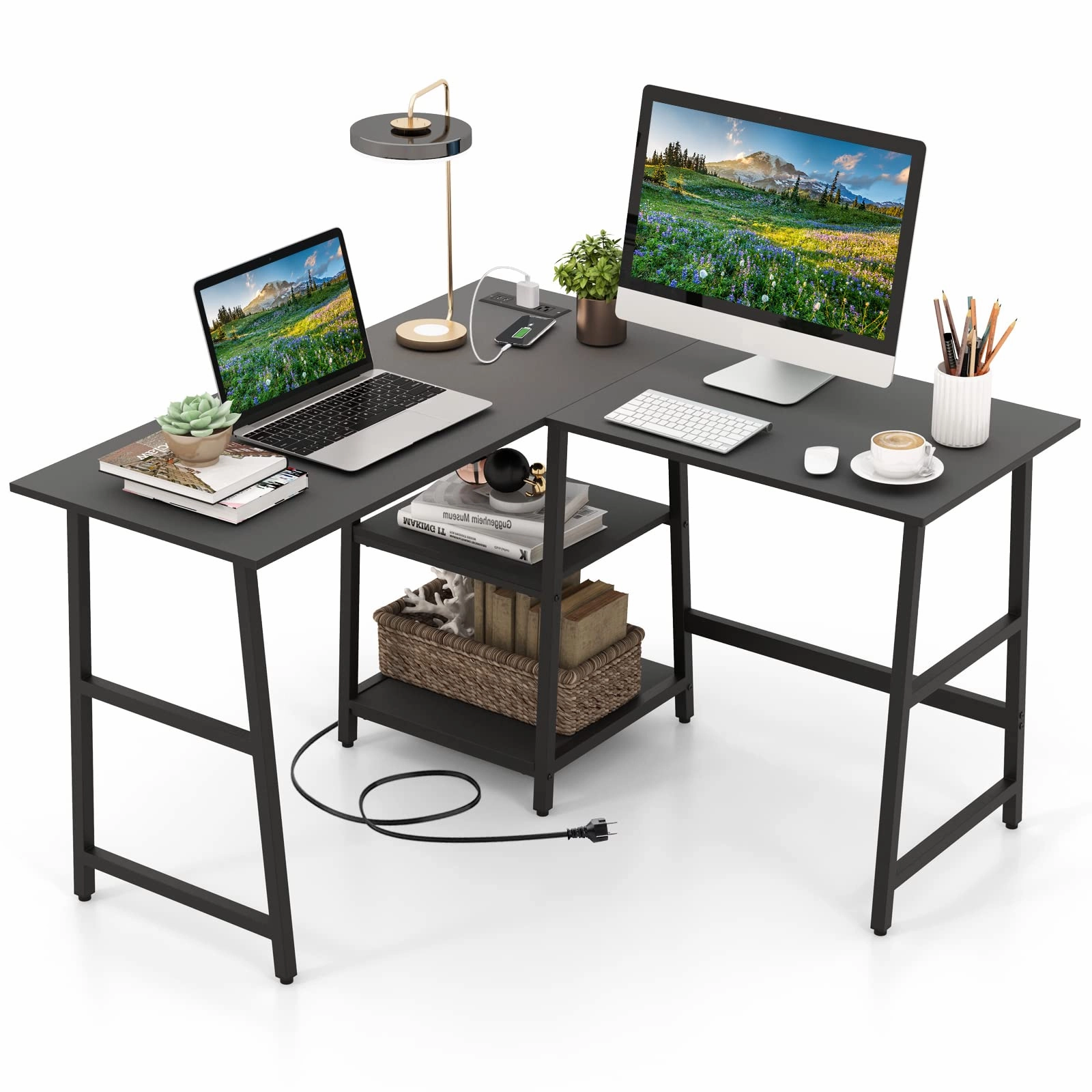 Giantex L Shaped Desk with Power Outlets & USB Ports, 48" Corner Gaming Desk with 2 Tier Storage Shelves patio decor, garden accessories