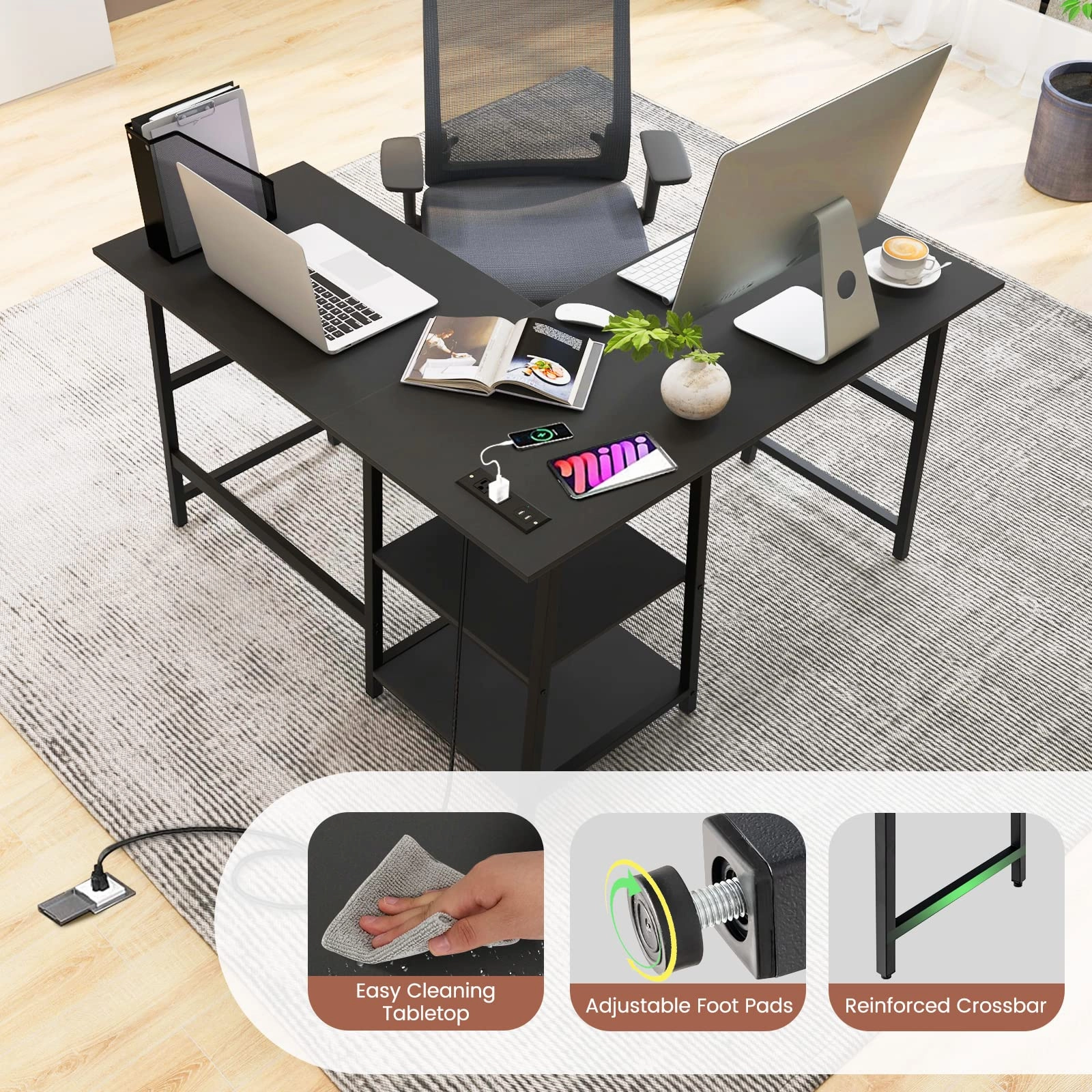Giantex L Shaped Desk with Power Outlets & USB Ports, 48" Corner Gaming Desk with 2 Tier Storage Shelves