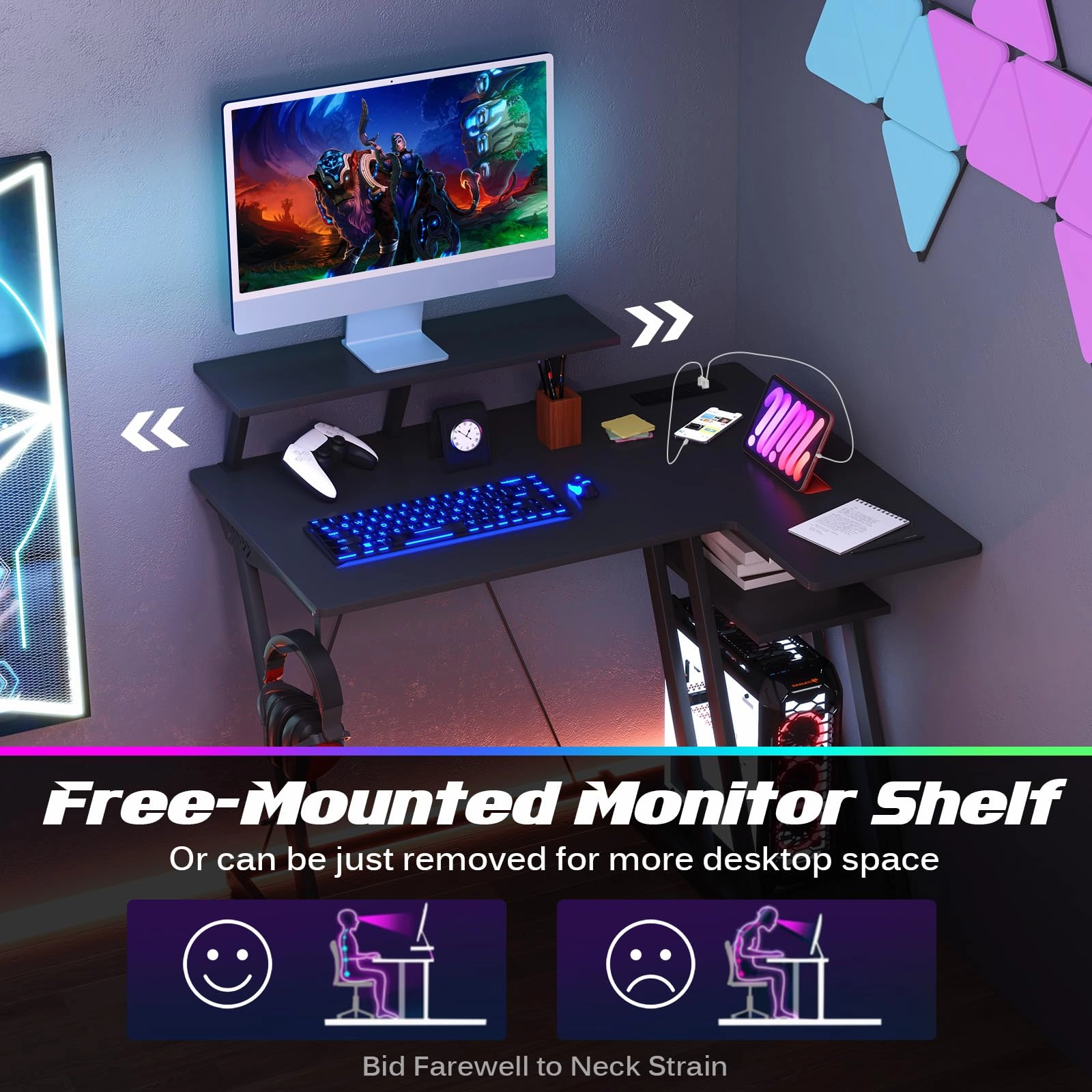 Giantex L Shaped Gaming Desk with Outlets & USB Ports, Small Computer Desk with Monitor Shelf