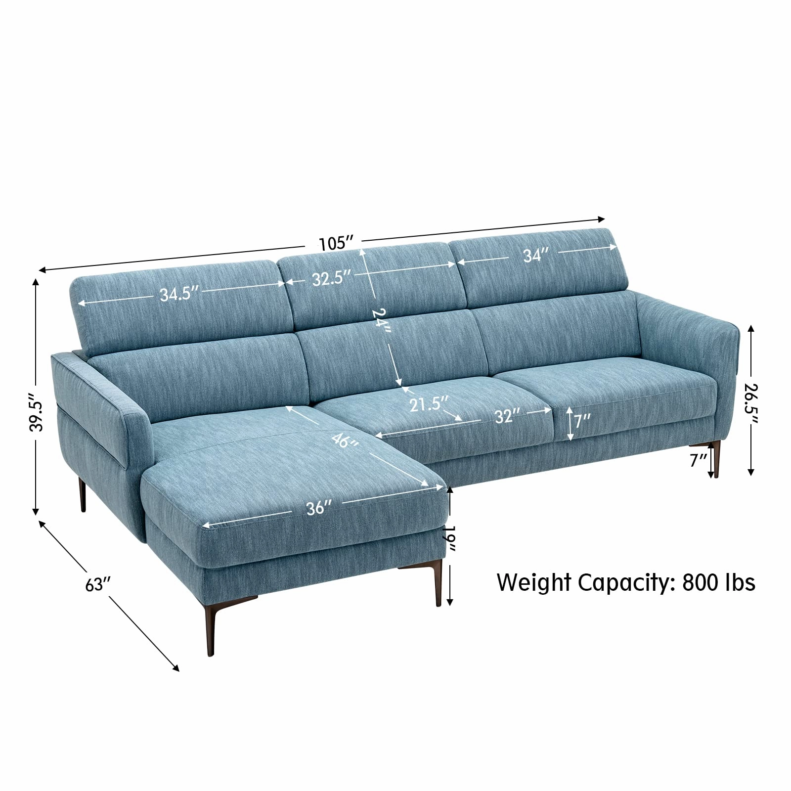 Giantex L-Shaped Sofa Couch, 3-Seat Upholstered Sofa with Wide Chaise Lounge, Adjustable Headrest, Blue
