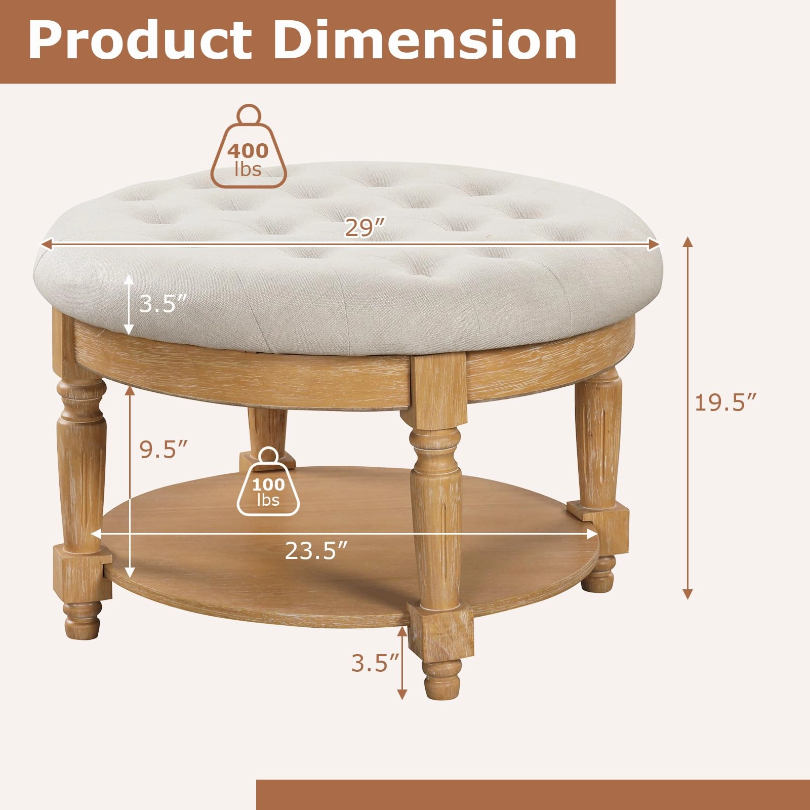 Giantex Large Ottoman Coffee Table - 29 inch Oversized Round Ottoman with Storage Shelf, Flip up Top, Wood Legs