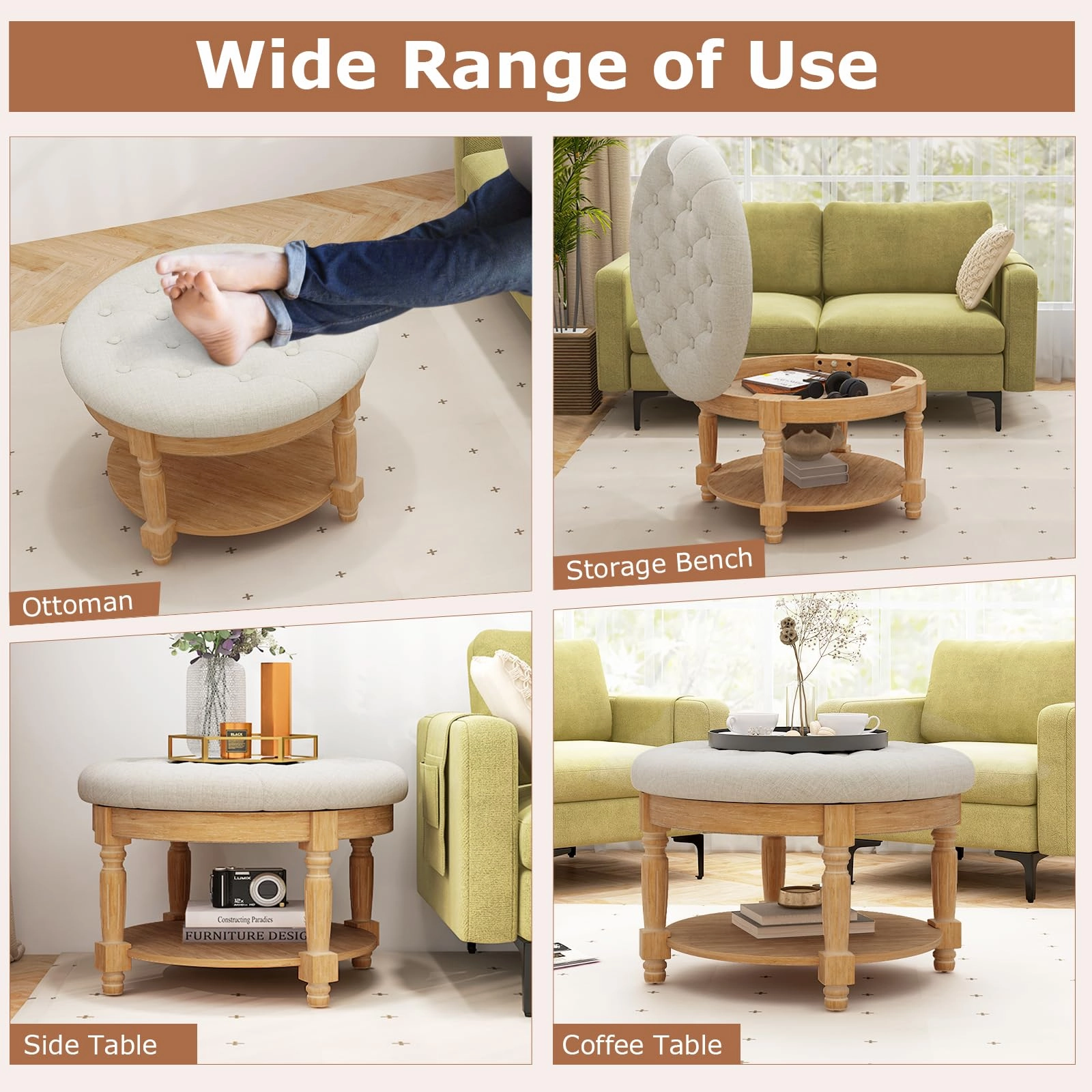 Giantex Large Ottoman Coffee Table - 29 inch Oversized Round Ottoman with Storage Shelf, Flip up Top, Wood Legs