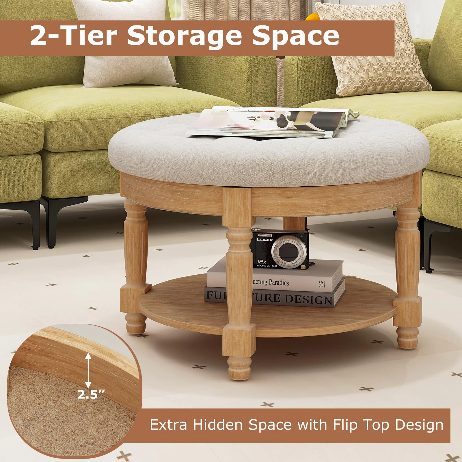 Giantex Large Ottoman Coffee Table - 29 inch Oversized Round Ottoman with Storage Shelf, Flip up Top, Wood Legs