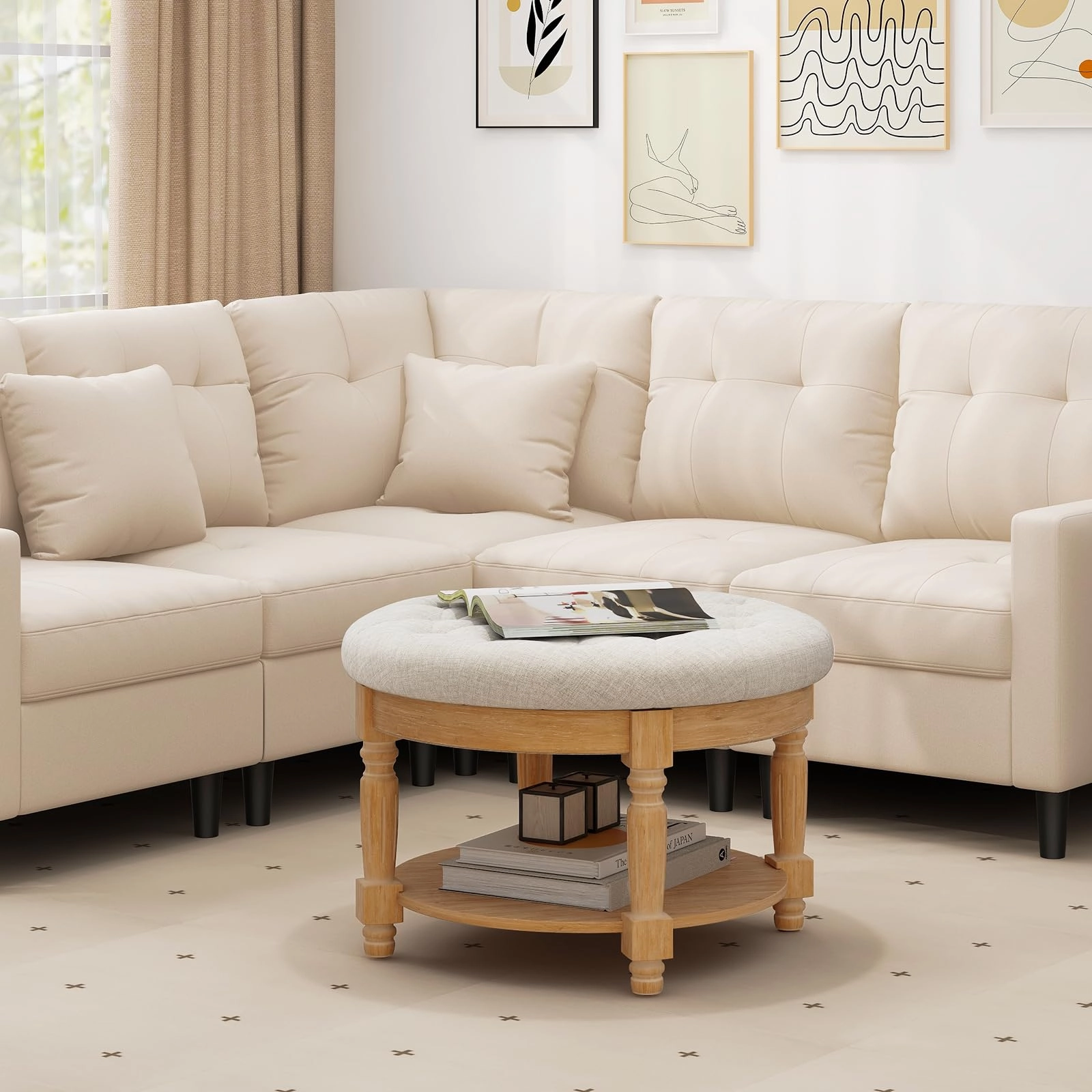 Giantex Large Ottoman Coffee Table - 29 inch Oversized Round Ottoman with Storage Shelf, Flip up Top, Wood Legs