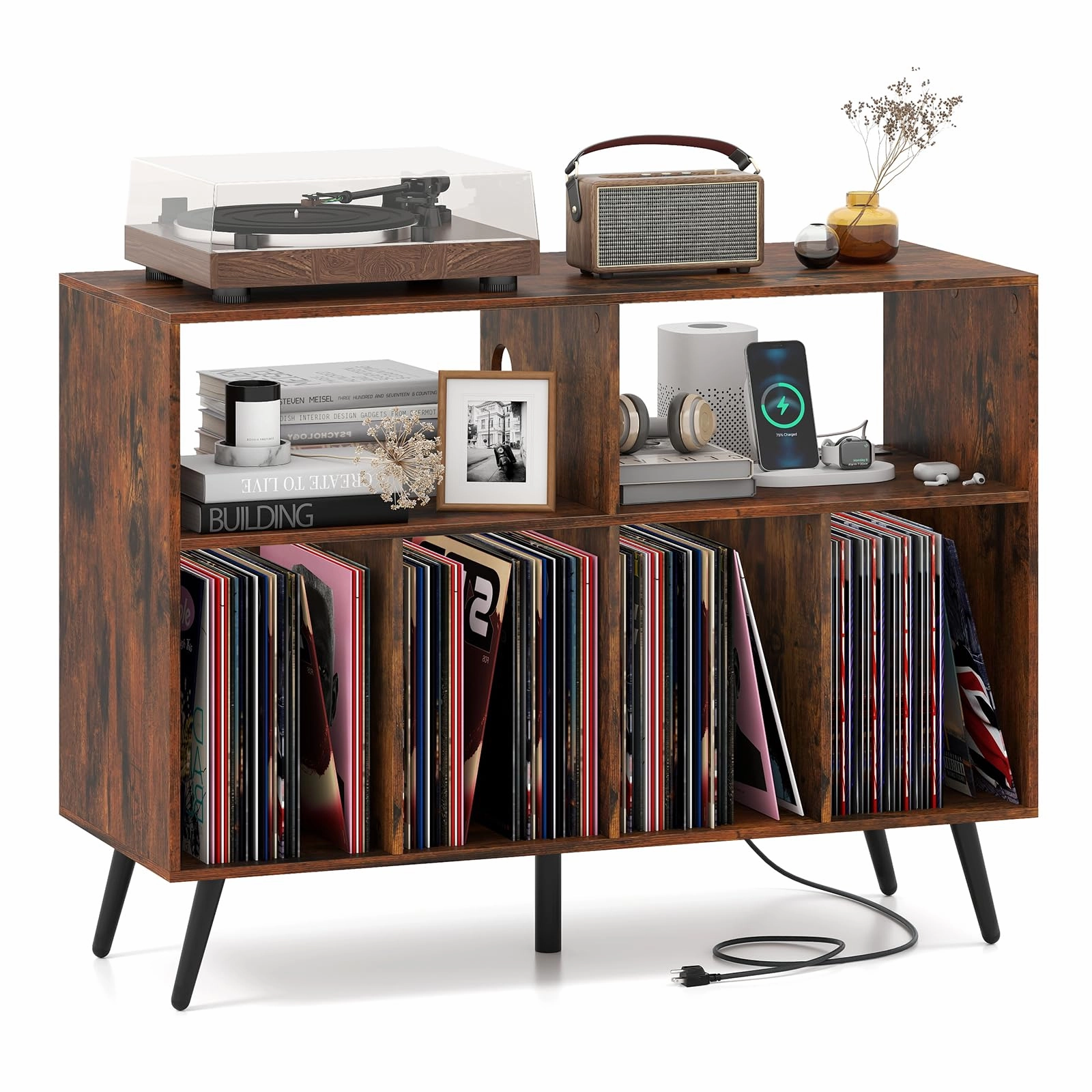 Giantex Large Record Player Stand with Charging Station throw pillow, fuzzy blanket
