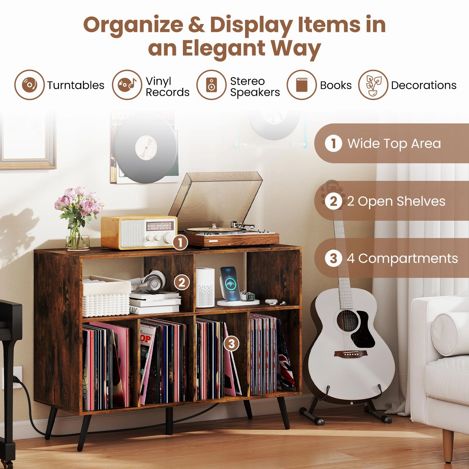 Giantex Large Record Player Stand with Charging Station