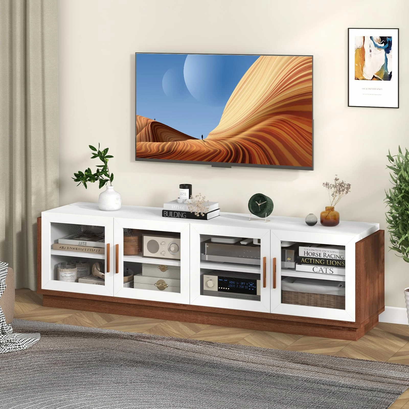 Giantex Large TV Stand for TVs up to 75, Entertainment Center with 4 Tempered Glass Doors