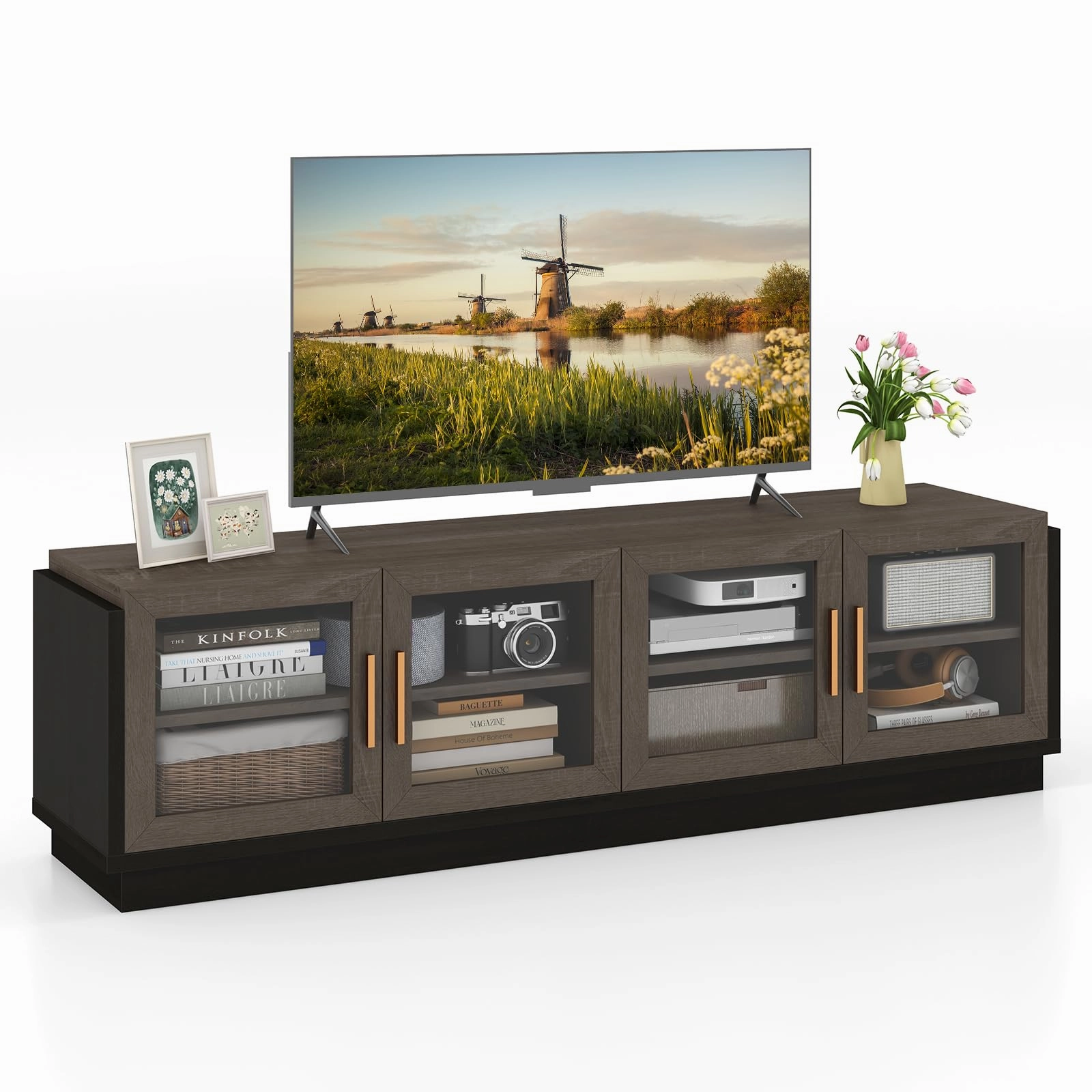 Giantex Large TV Stand for TVs up to 75, Entertainment Center with 4 Tempered Glass Doors