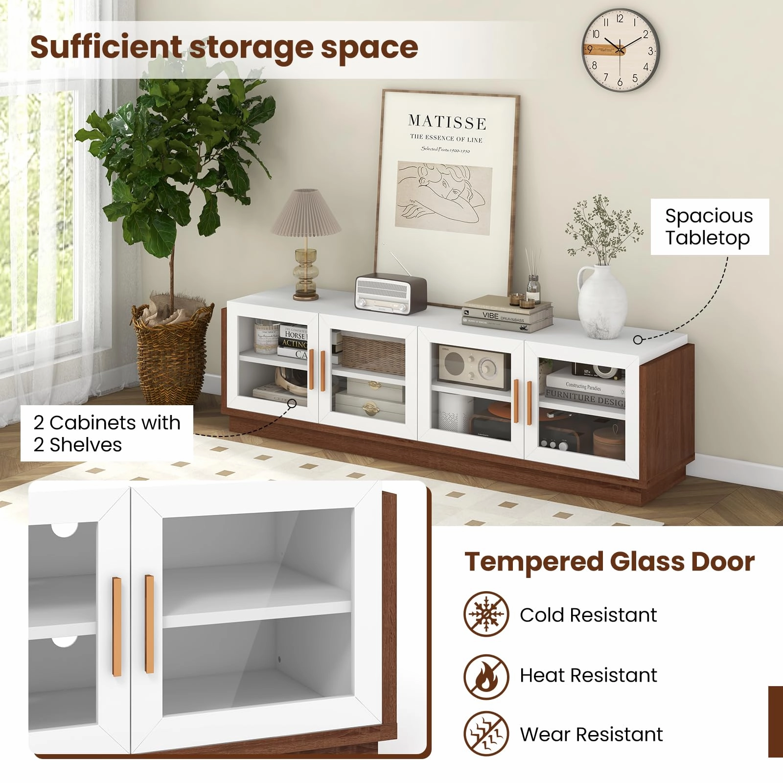 Giantex Large TV Stand for TVs up to 75, Entertainment Center with 4 Tempered Glass Doors