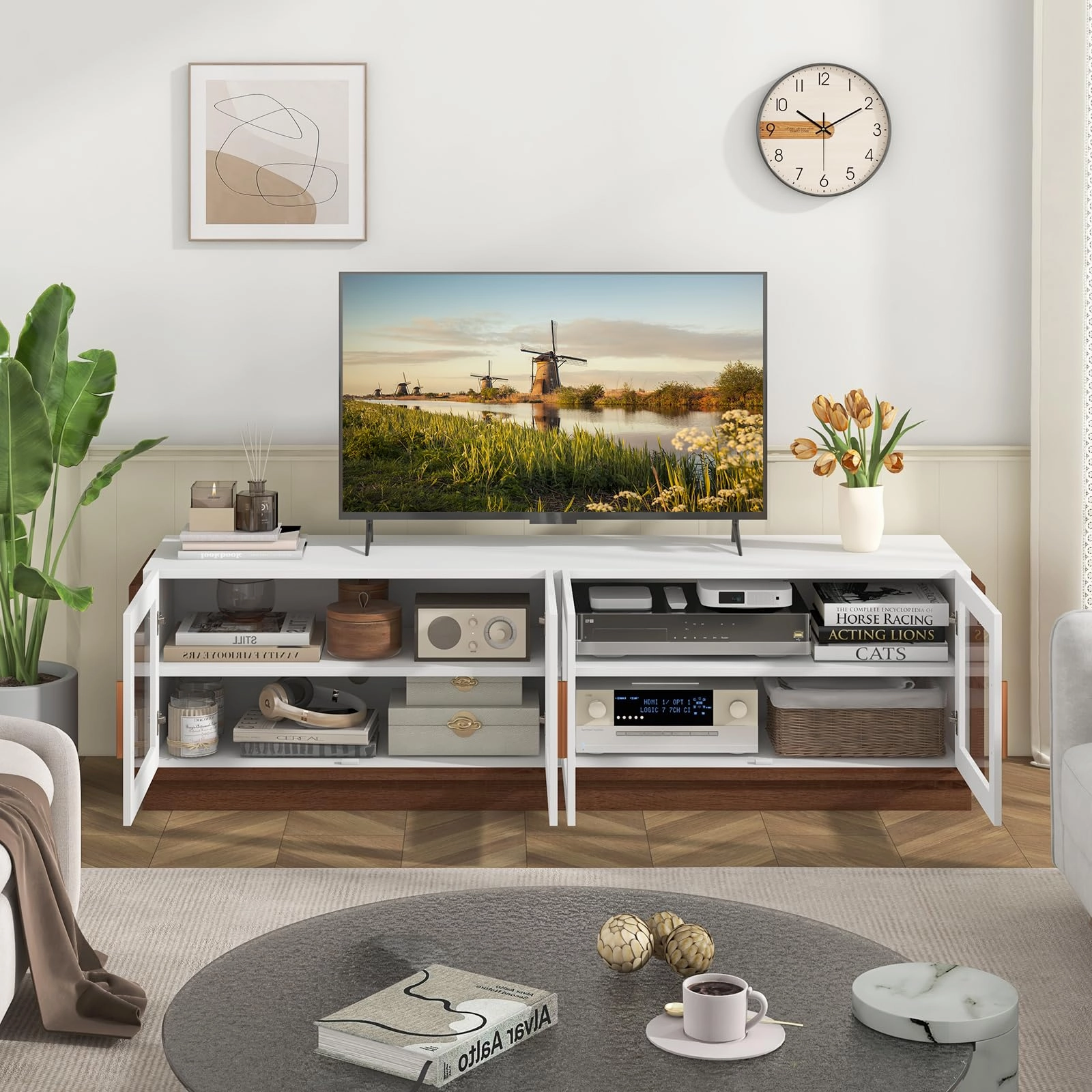 Giantex Large TV Stand for TVs up to 75, Entertainment Center with 4 Tempered Glass Doors
