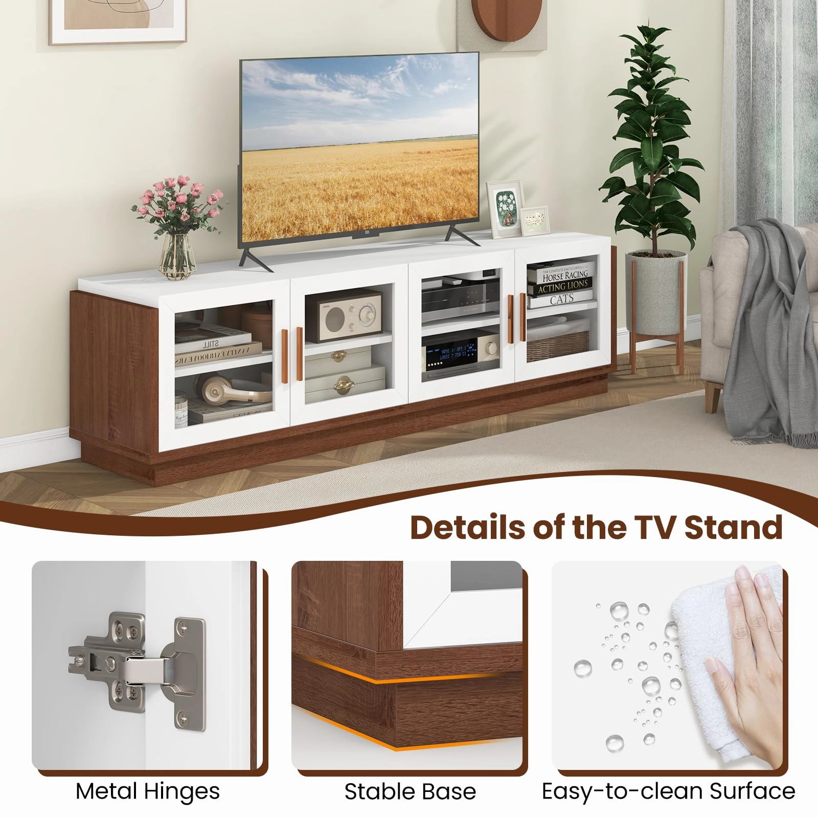 Giantex Large TV Stand for TVs up to 75, Entertainment Center with 4 Tempered Glass Doors