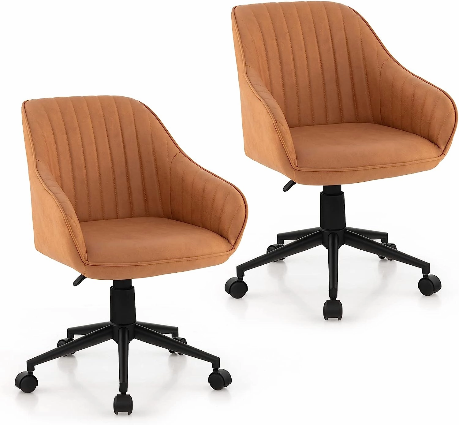 Giantex Leather Office Chair Brown, Mid Century Desk Chair with Wheels and Ergonomic Armrests