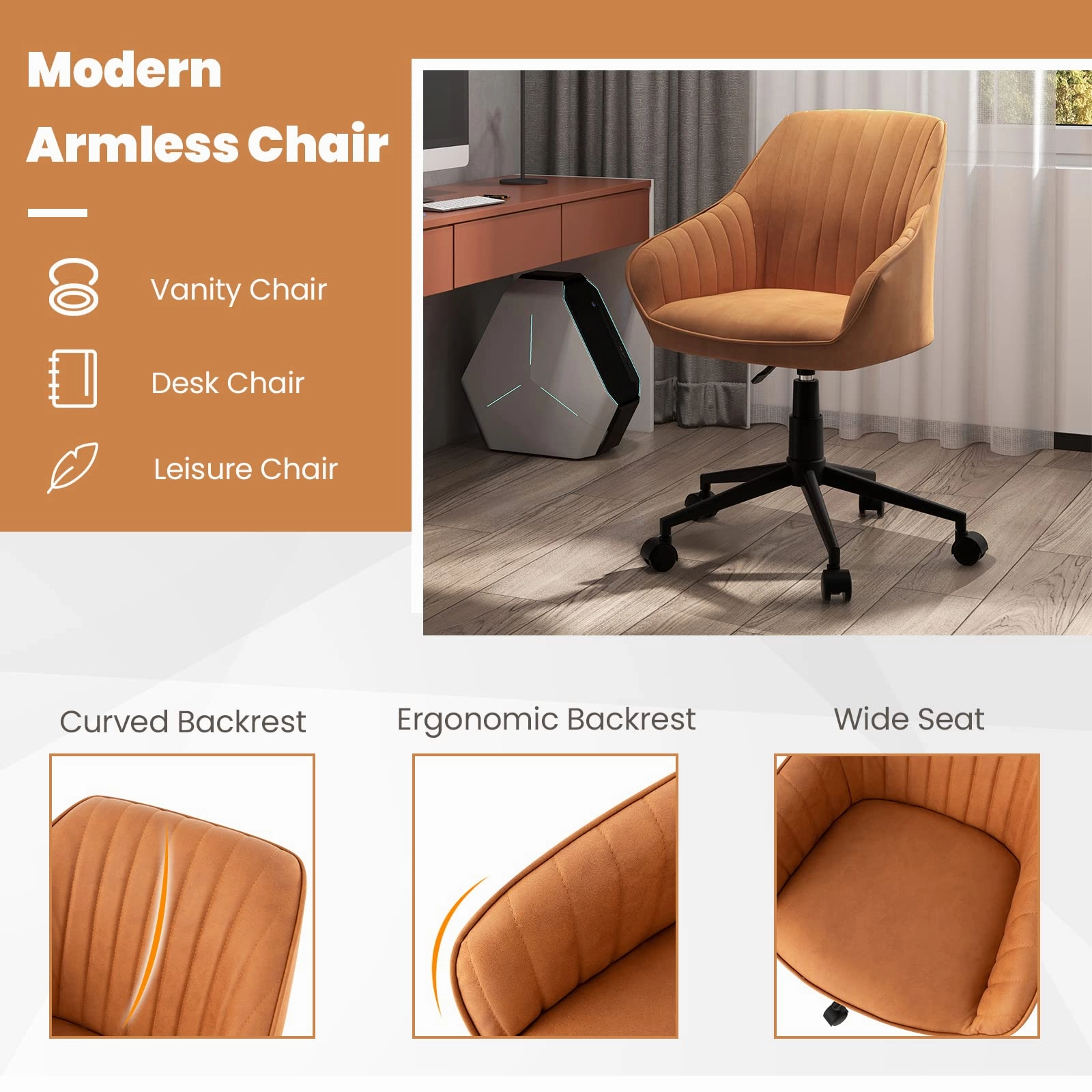 Giantex Leather Office Chair Brown, Mid Century Desk Chair with Wheels and Ergonomic Armrests