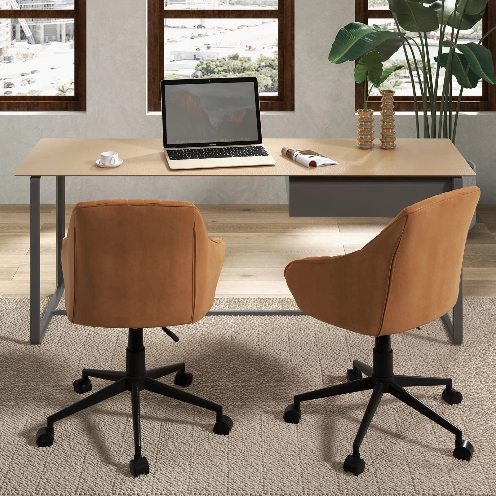 Giantex Leather Office Chair Brown, Mid Century Desk Chair with Wheels and Ergonomic Armrests