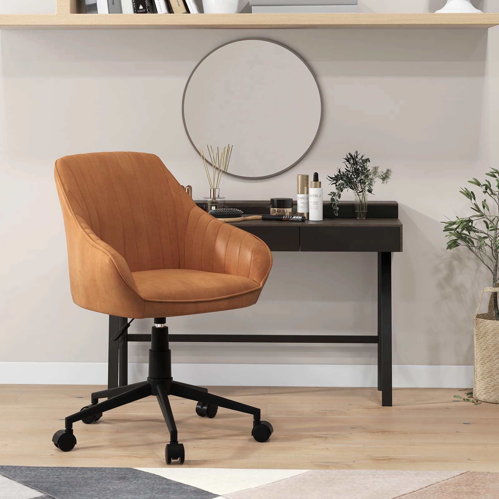 Giantex Leather Office Chair Brown, Mid Century Desk Chair with Wheels and Ergonomic Armrests