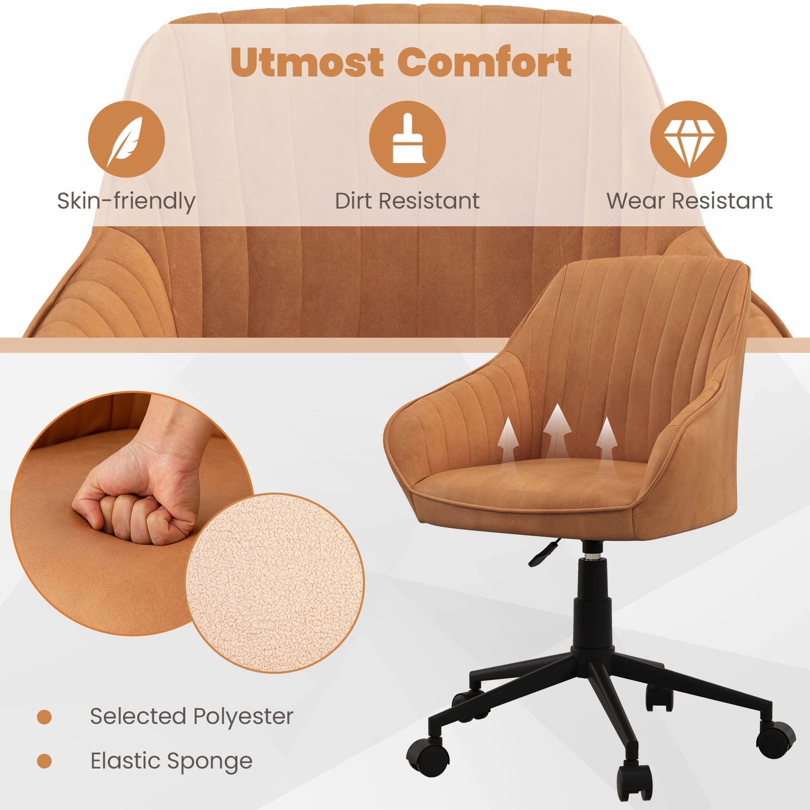 Giantex Leather Office Chair Brown, Mid Century Desk Chair with Wheels and Ergonomic Armrests