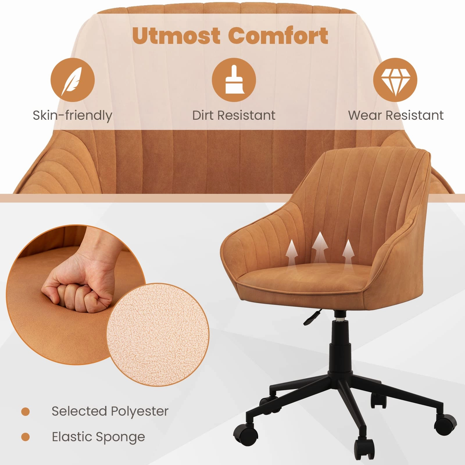 Giantex Leather Office Chair Brown, Mid Century Desk Chair with Wheels and Ergonomic Armrests