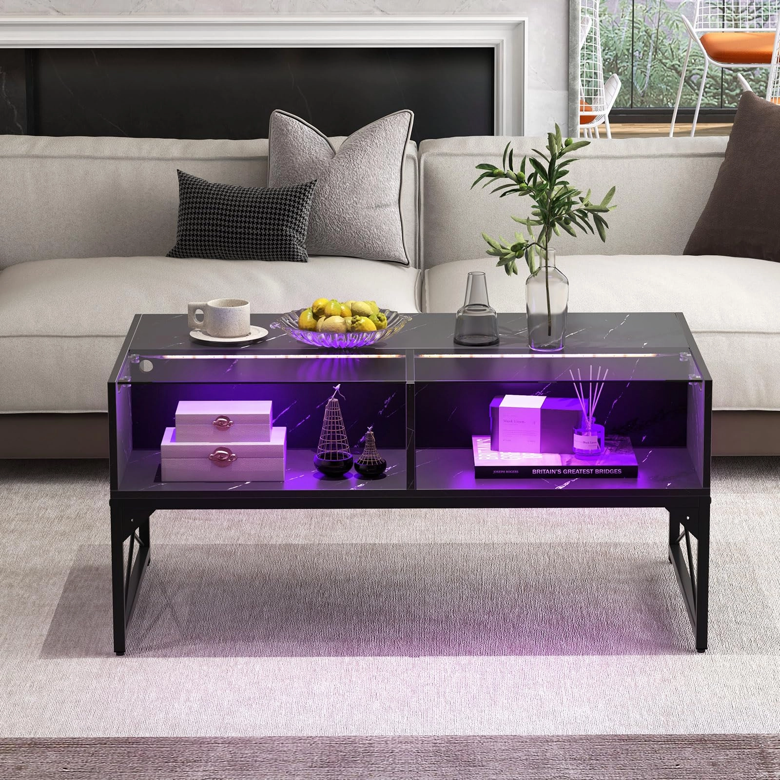 Giantex LED Coffee Table, High Gloss Coffee Tables with 4 Storage Cubes