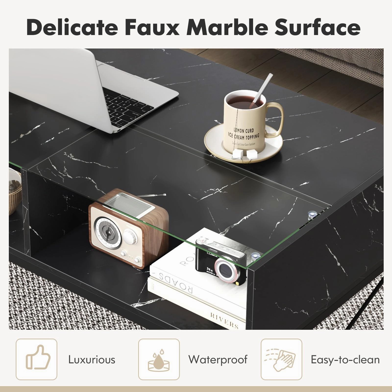 Giantex LED Coffee Table, High Gloss Coffee Tables with 4 Storage Cubes