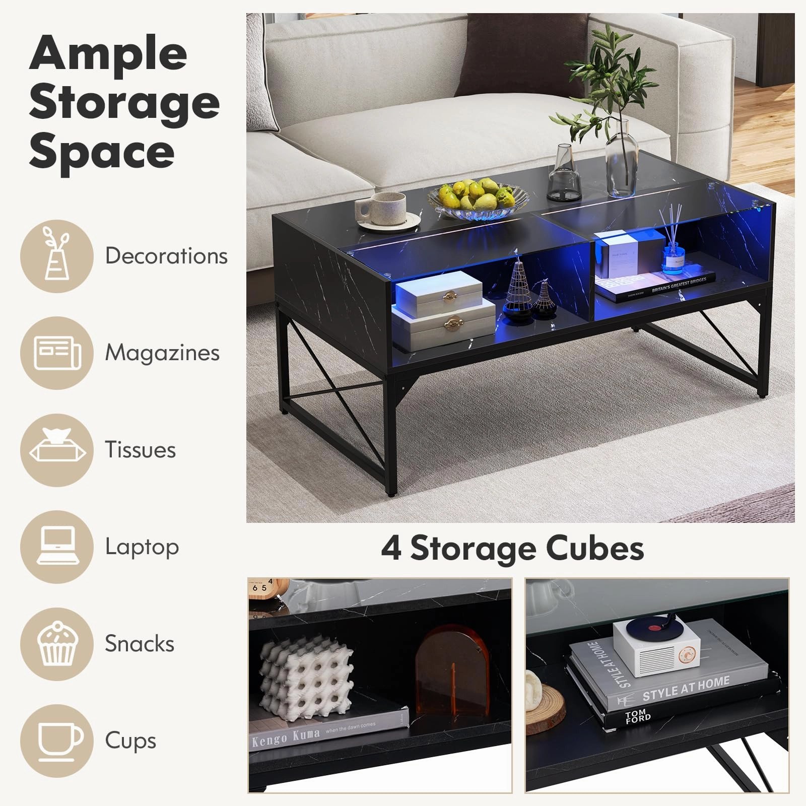 Giantex LED Coffee Table, High Gloss Coffee Tables with 4 Storage Cubes