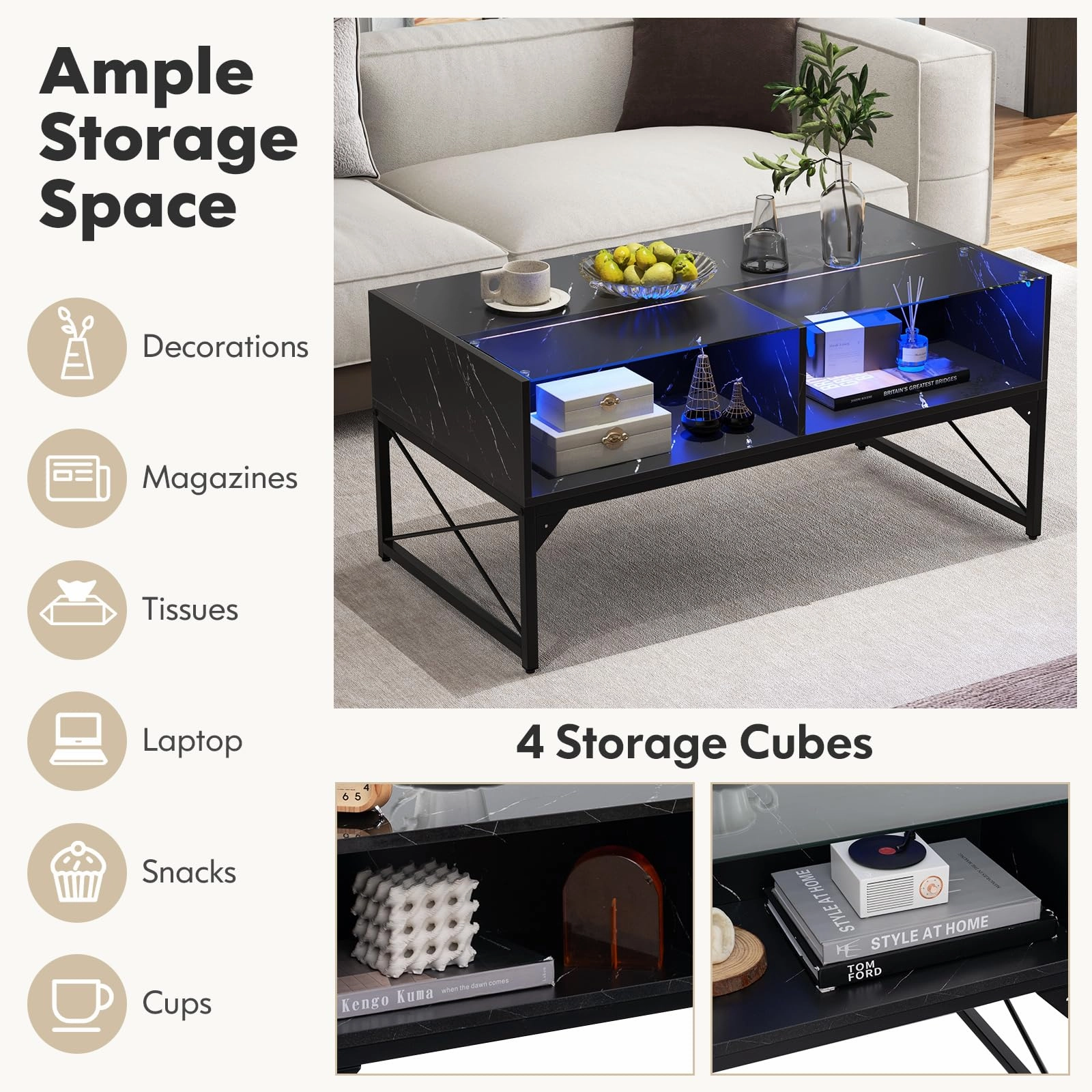 Giantex LED Coffee Table, High Gloss Coffee Tables with 4 Storage Cubes
