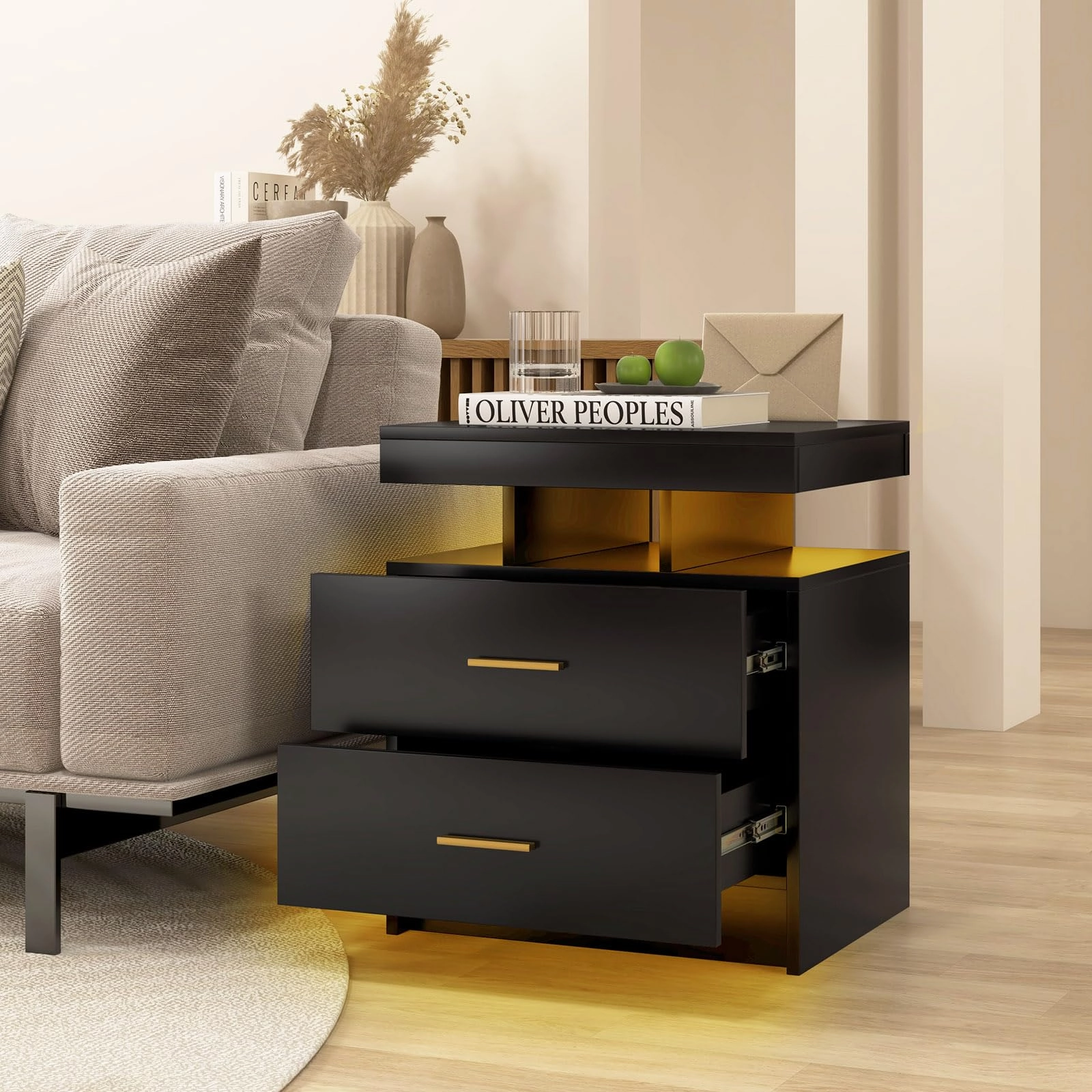 Giantex LED Nightstand, Modern Black Bedside Tables with 2 Storage Drawers