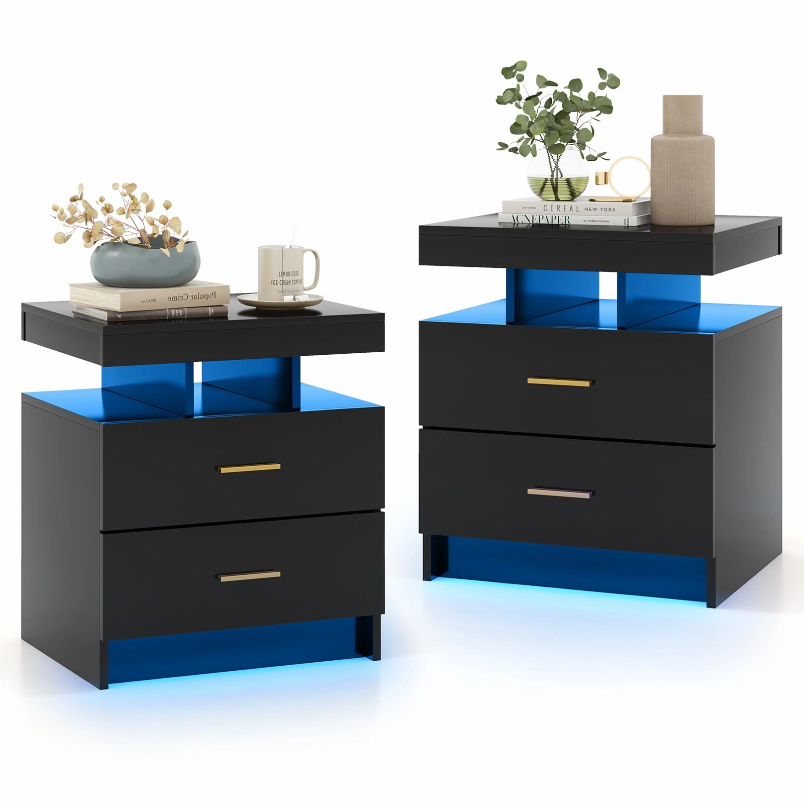 Giantex LED Nightstand, Modern Black Bedside Tables with 2 Storage Drawers throw pillow, fuzzy blanket
