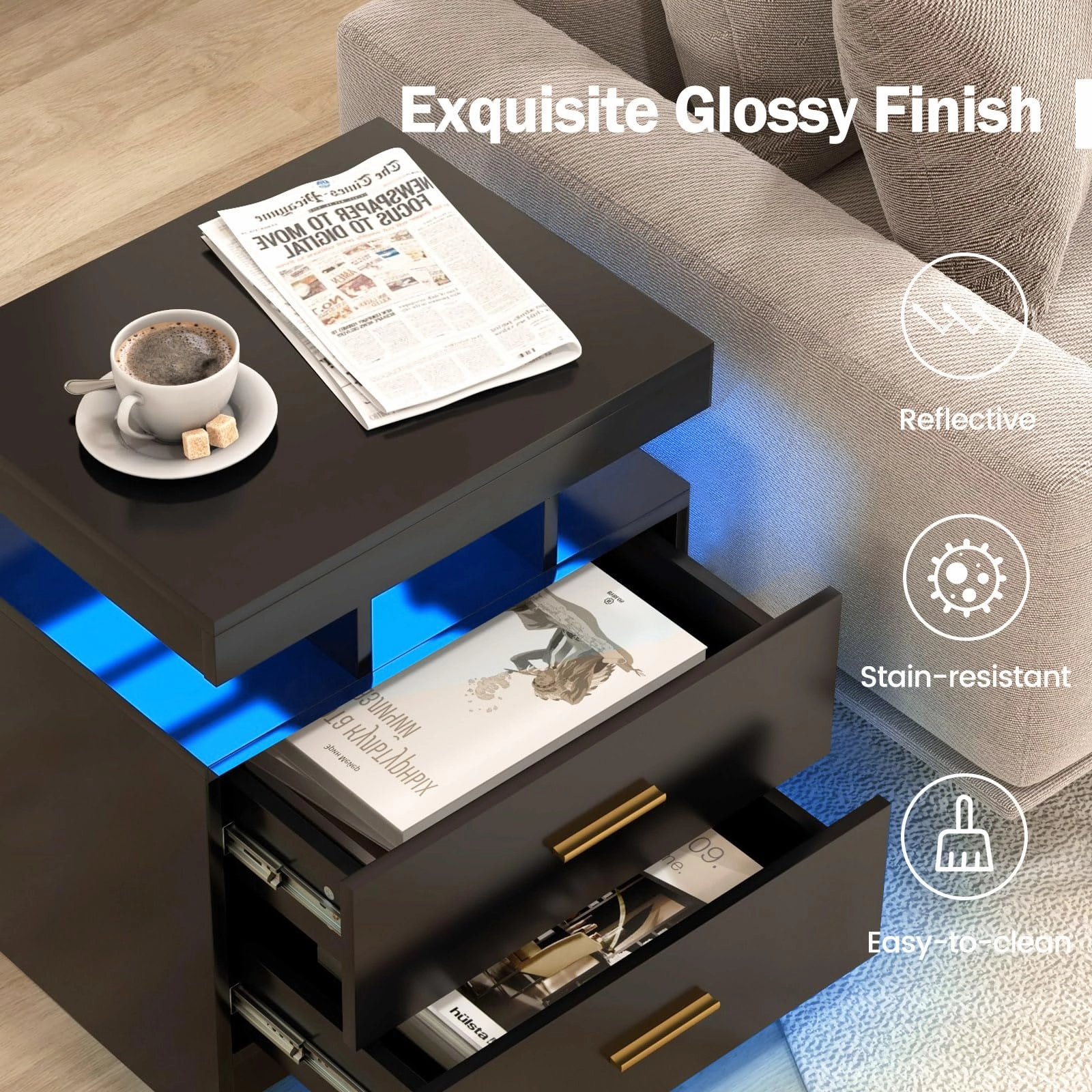 Giantex LED Nightstand, Modern Black Bedside Tables with 2 Storage Drawers