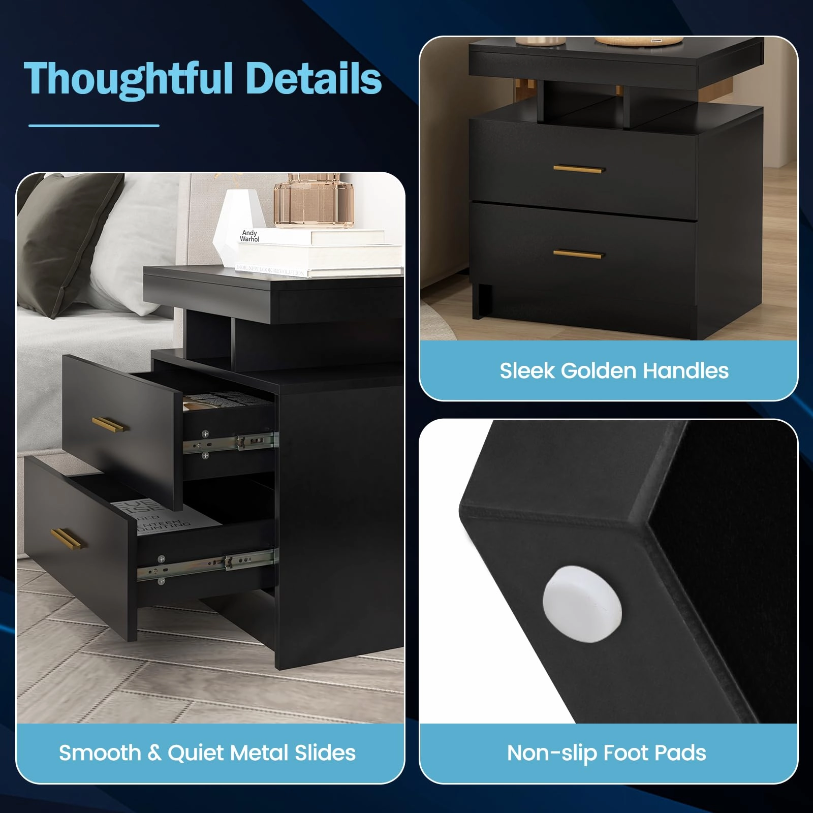Giantex LED Nightstand, Modern Black Bedside Tables with 2 Storage Drawers