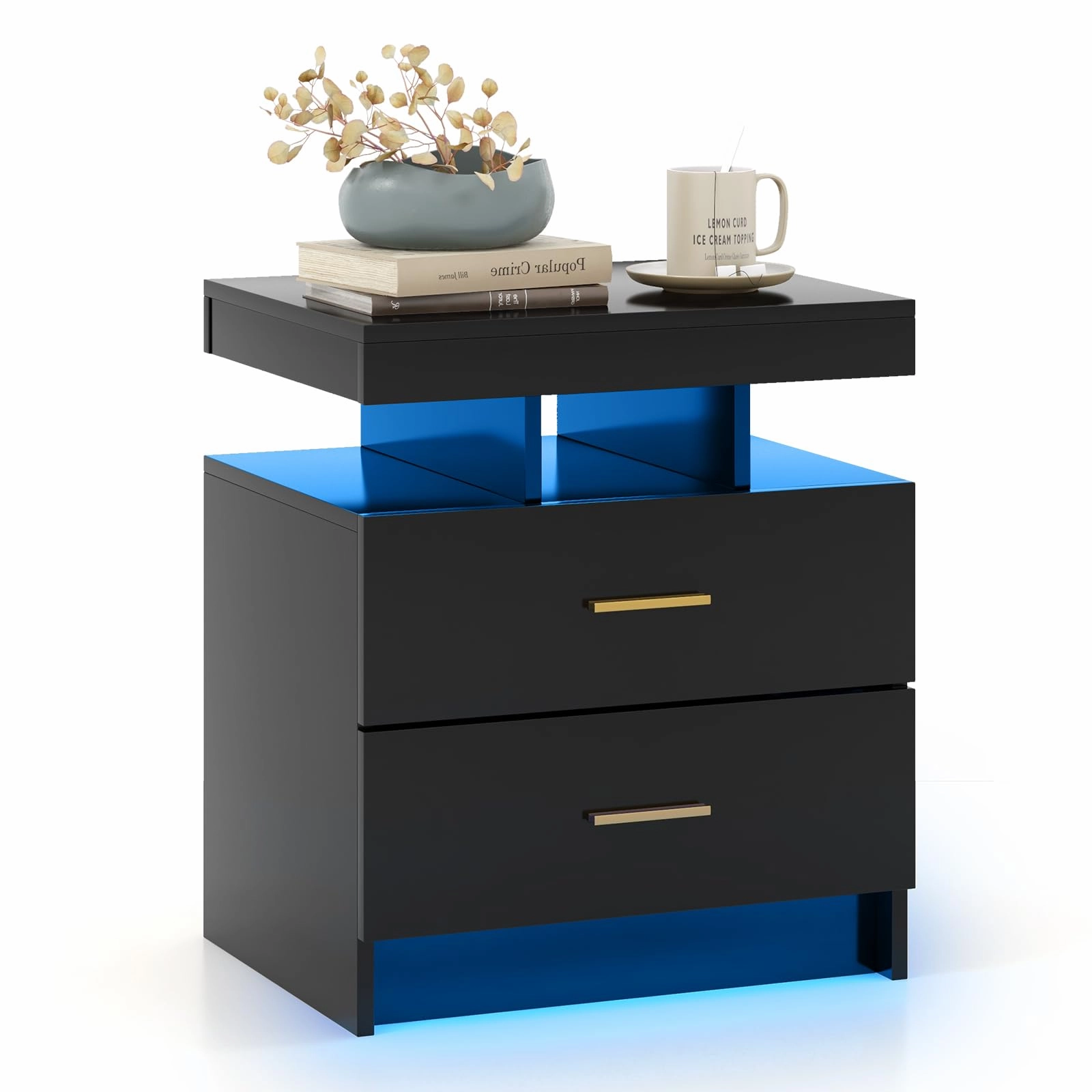 Giantex LED Nightstand, Modern Black Bedside Tables with 2 Storage Drawers