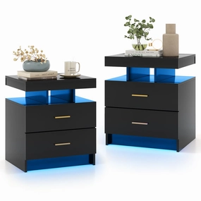 Giantex LED Nightstand, Modern Black Bedside Tables with 2 Storage Drawers throw pillow, fuzzy blanket